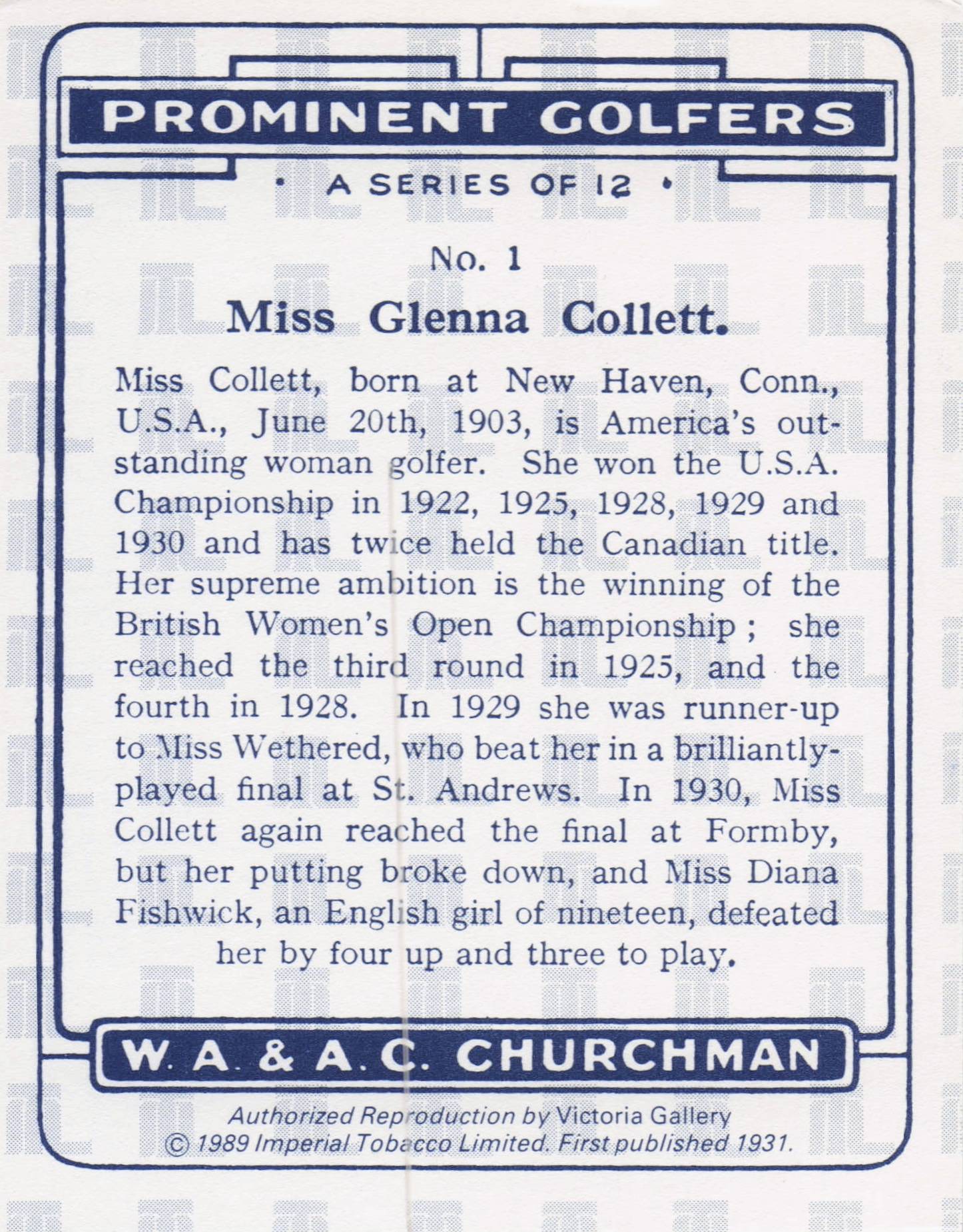 Miss Glenna Collett Golf Churchman Prominent Golfers Cigarette Card