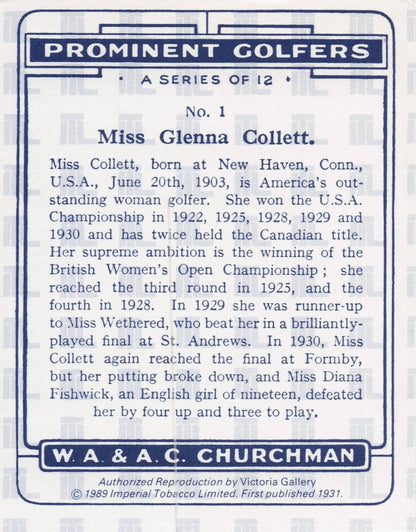 Miss Glenna Collett Golf Churchman Prominent Golfers Cigarette Card
