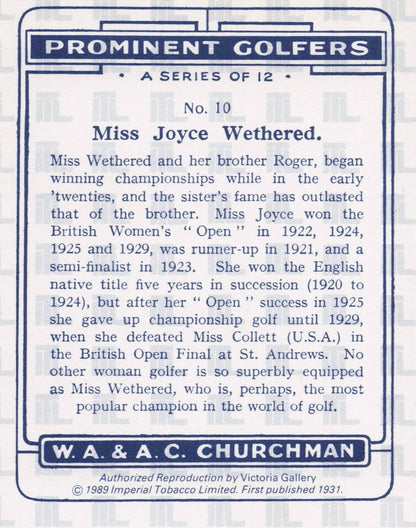 Miss Joyce Wethered Golf Churchman Prominent Golfers Cigarette Card