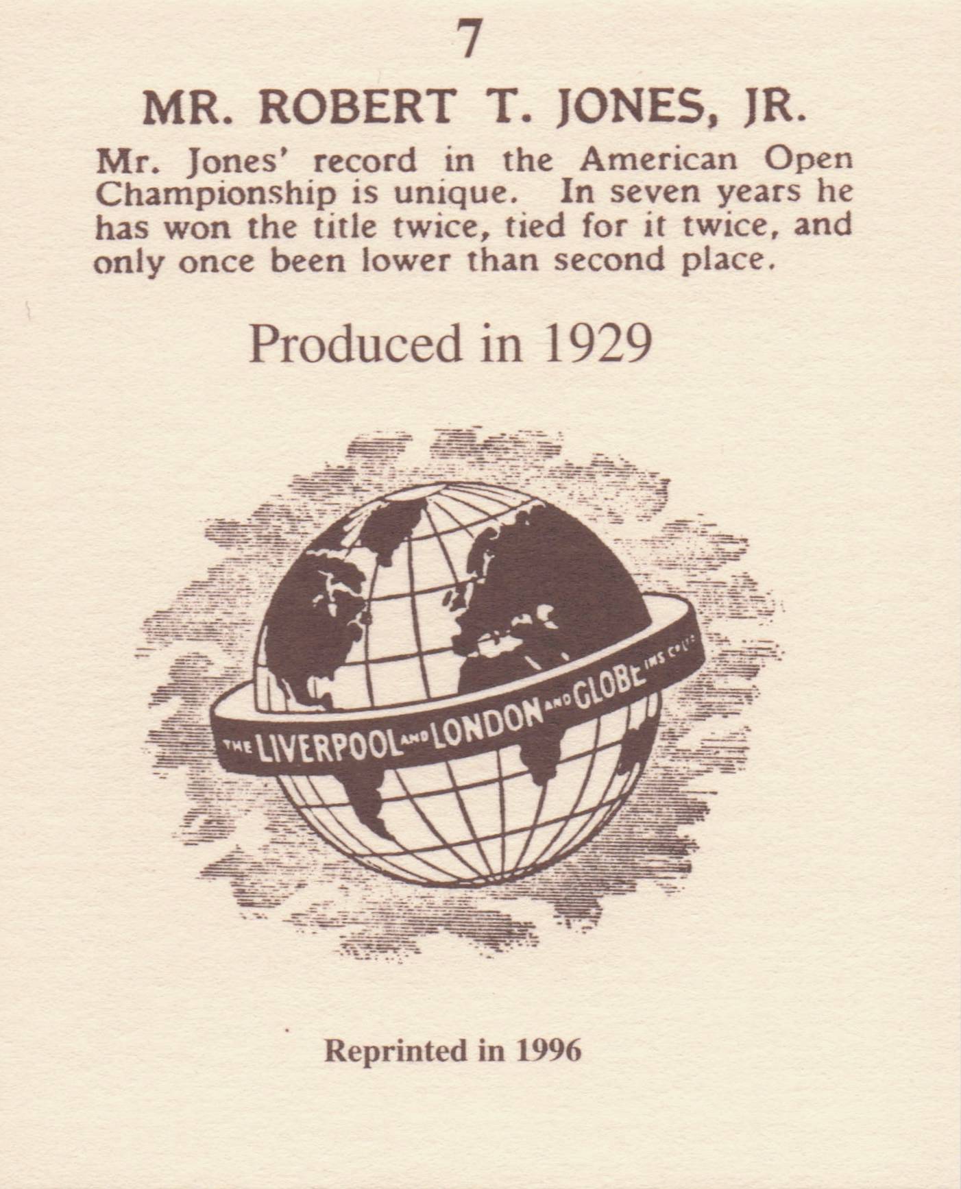 Robert T Jones Jr Golf Rare Globe Insurance Photo Trade Card