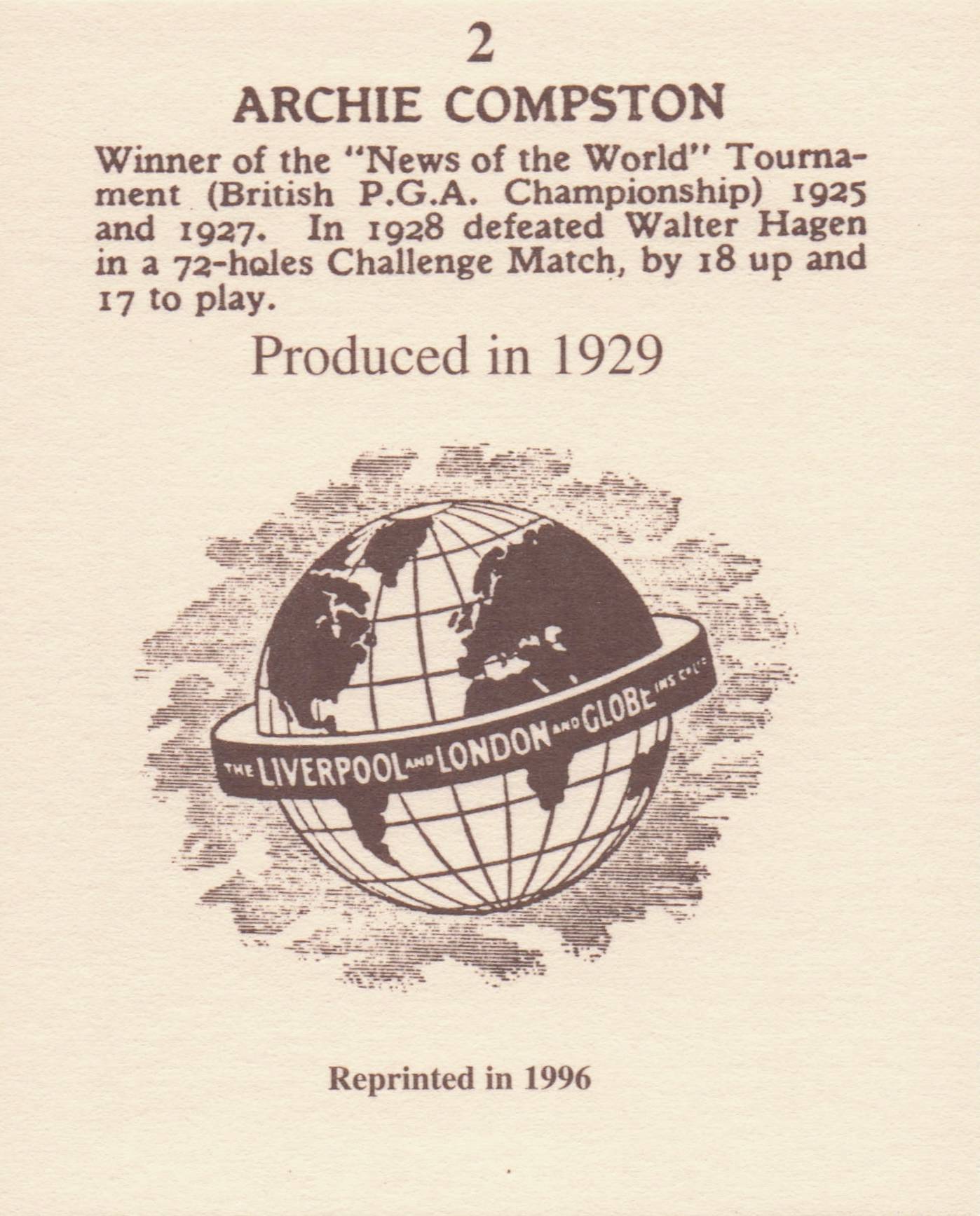 Archie Compston Golf Rare Globe Insurance Photo Trade Card