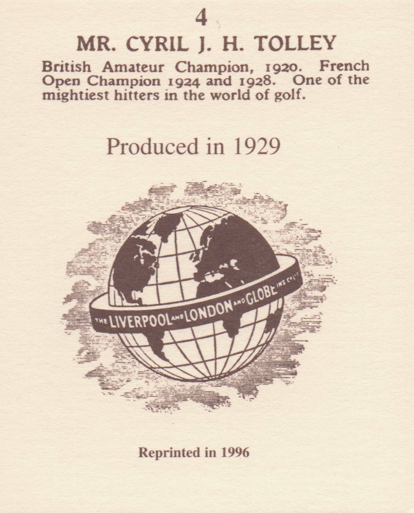 Cyril Tolley Golf Rare Globe Insurance Photo Trade Card