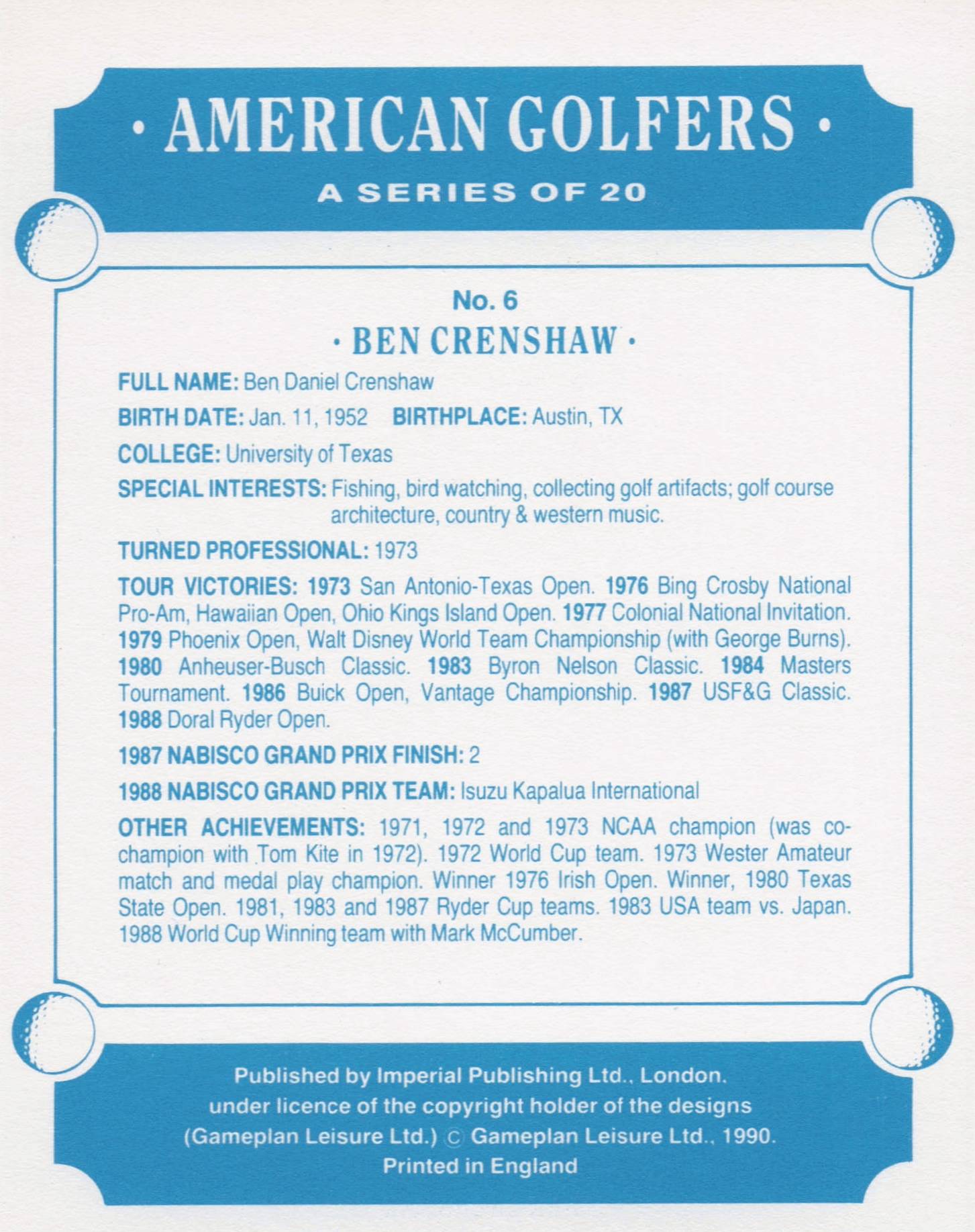 Ben Crenshaw American Golfer Imperial USA Golf Art Painting Trade Card