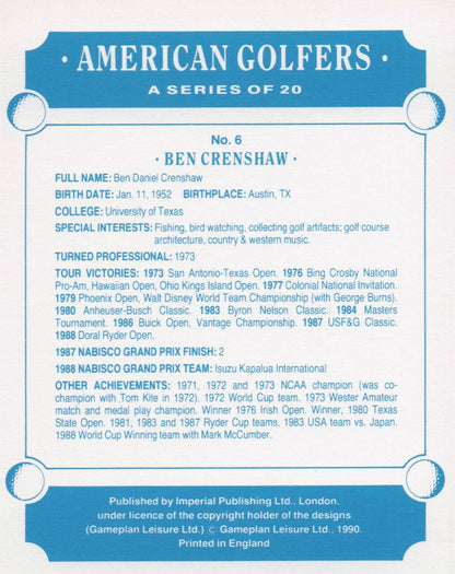 Ben Crenshaw American Golfer Imperial USA Golf Art Painting Trade Card