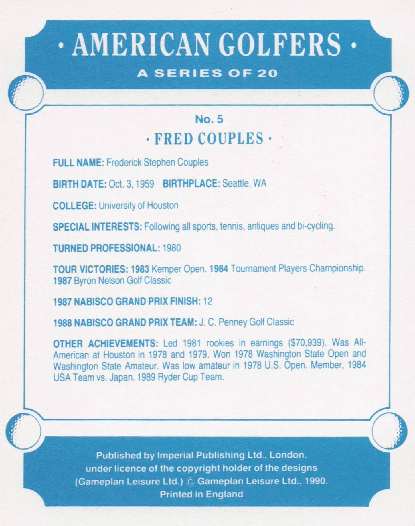 Fred Couples American Golfer Imperial USA Golf Art Painting Trade Card
