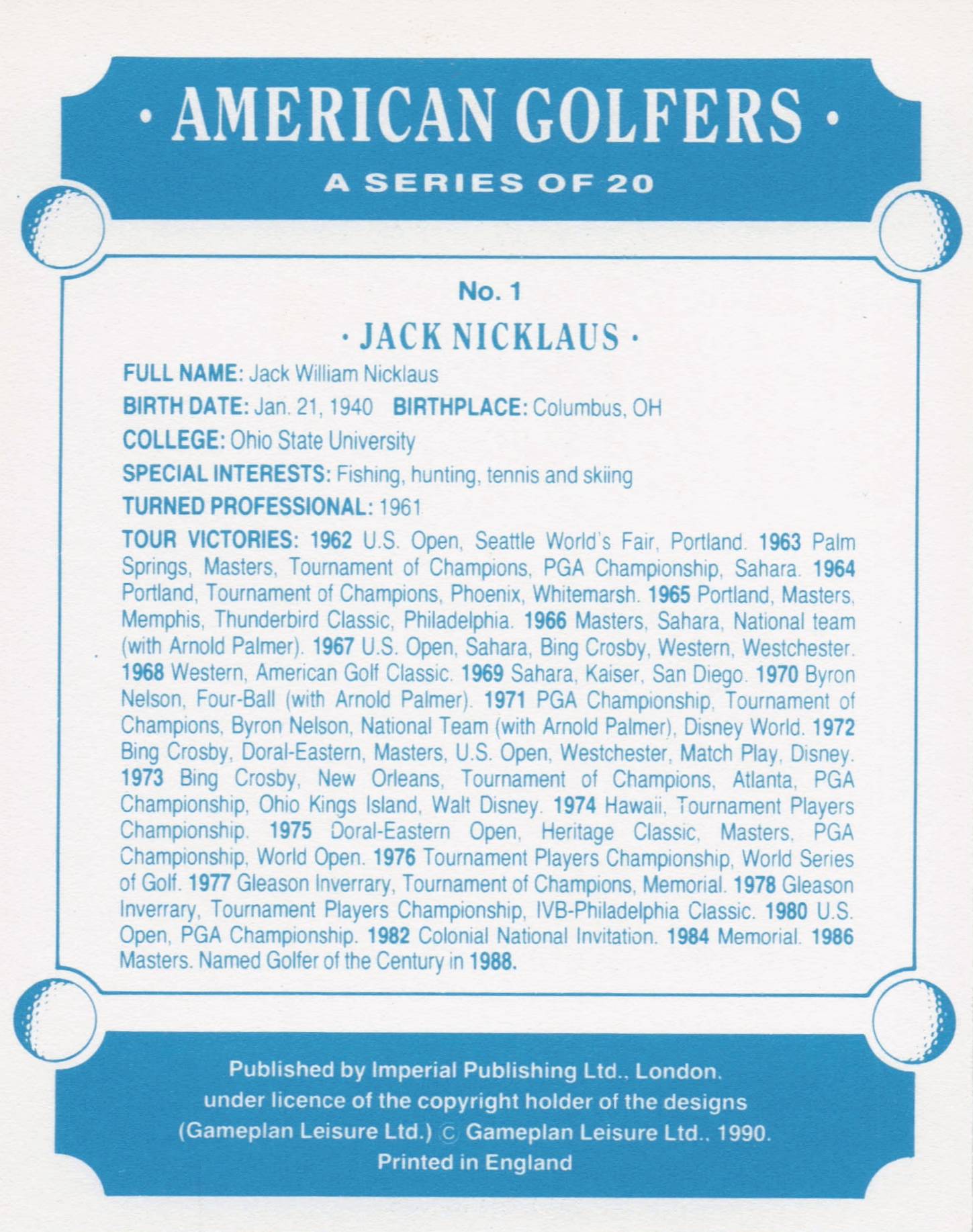 Jack Nicklaus American Golfer Imperial USA Golf Art Painting Trade Card