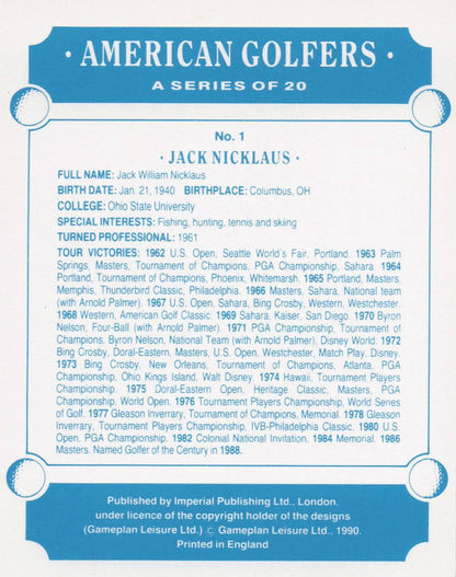 Jack Nicklaus American Golfer Imperial USA Golf Art Painting Trade Card