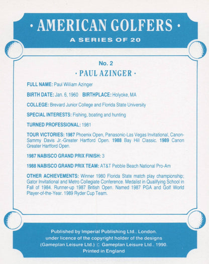 Paul Azinger American Golfer Imperial USA Golf Art Painting Trade Card