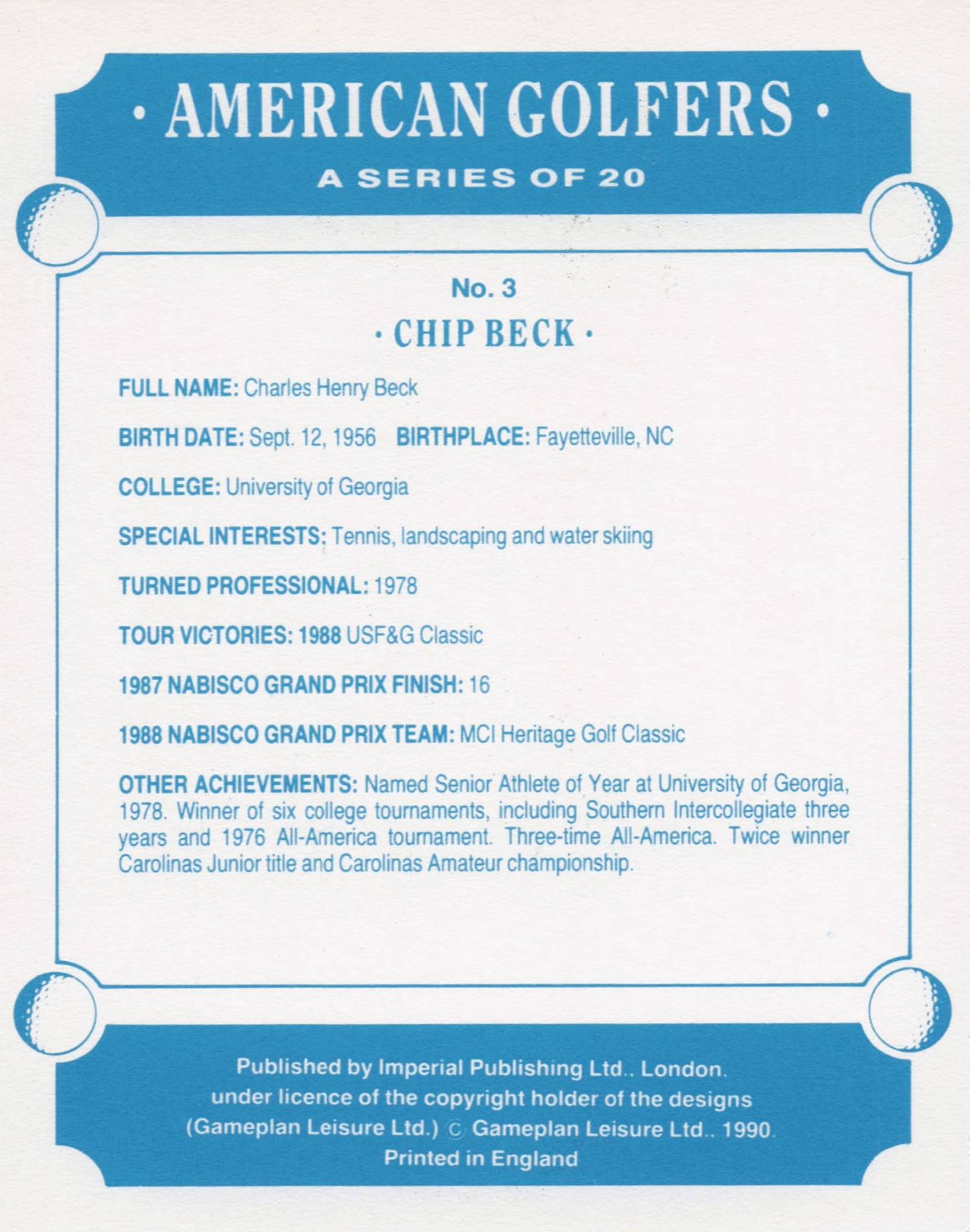Chip Beck American Golfer Imperial USA Golf Art Painting Trade Card