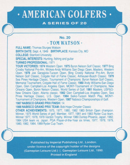 Tom Watson American Golfer Imperial USA Golf Art Painting Trade Card
