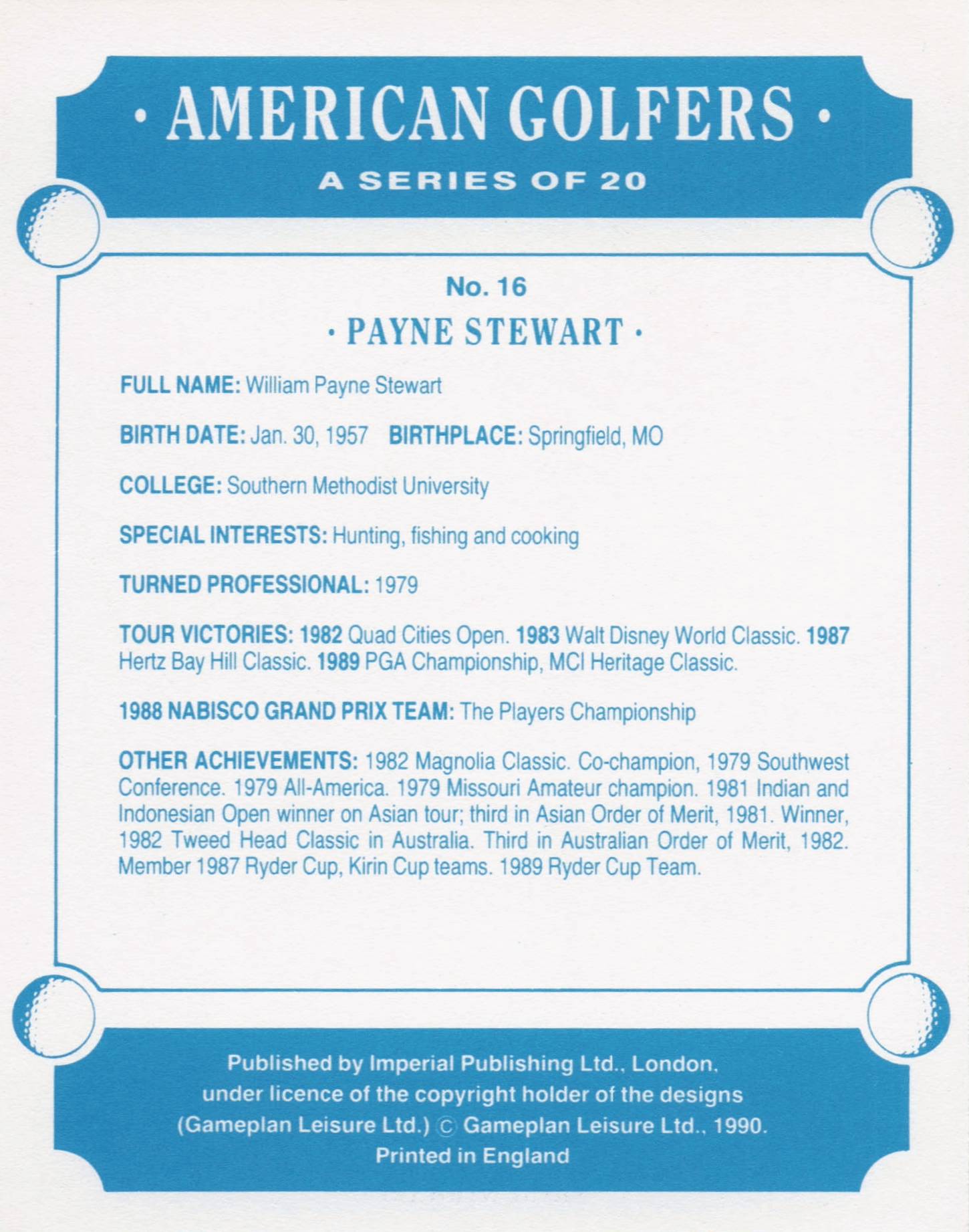 Payne Stewart American Golfer Imperial USA Golf Art Painting Trade Card