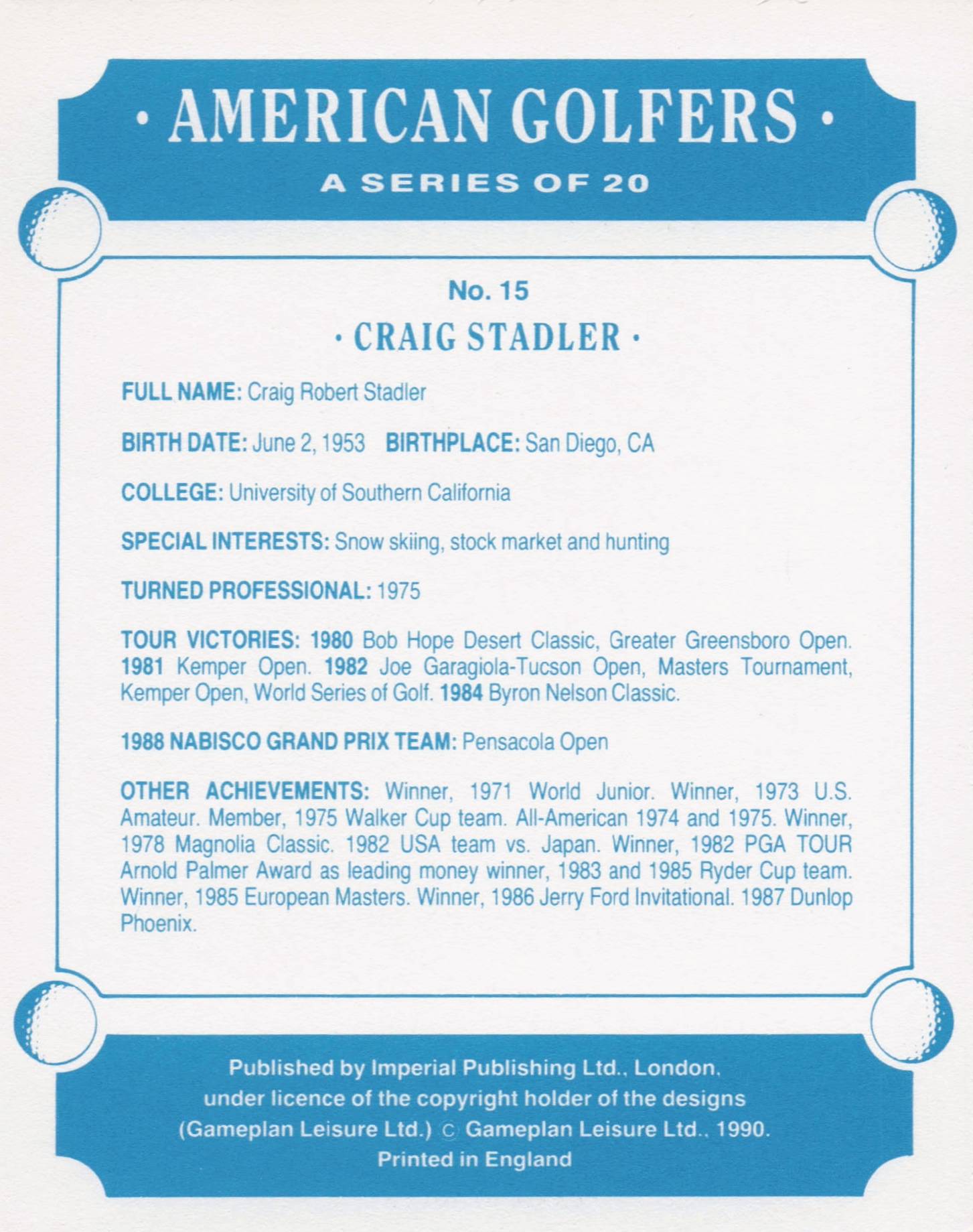 Craig Stadler American Golfer Imperial USA Golf Art Painting Trade Card