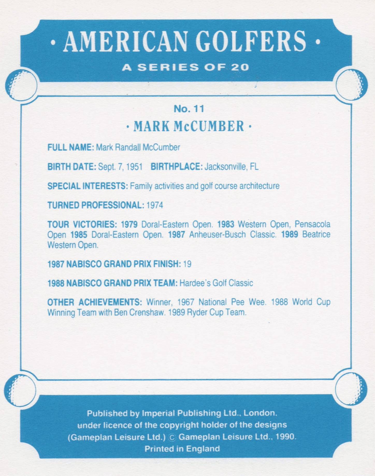 Mark McCumber American Golfer Imperial USA Golf Art Painting Trade Card