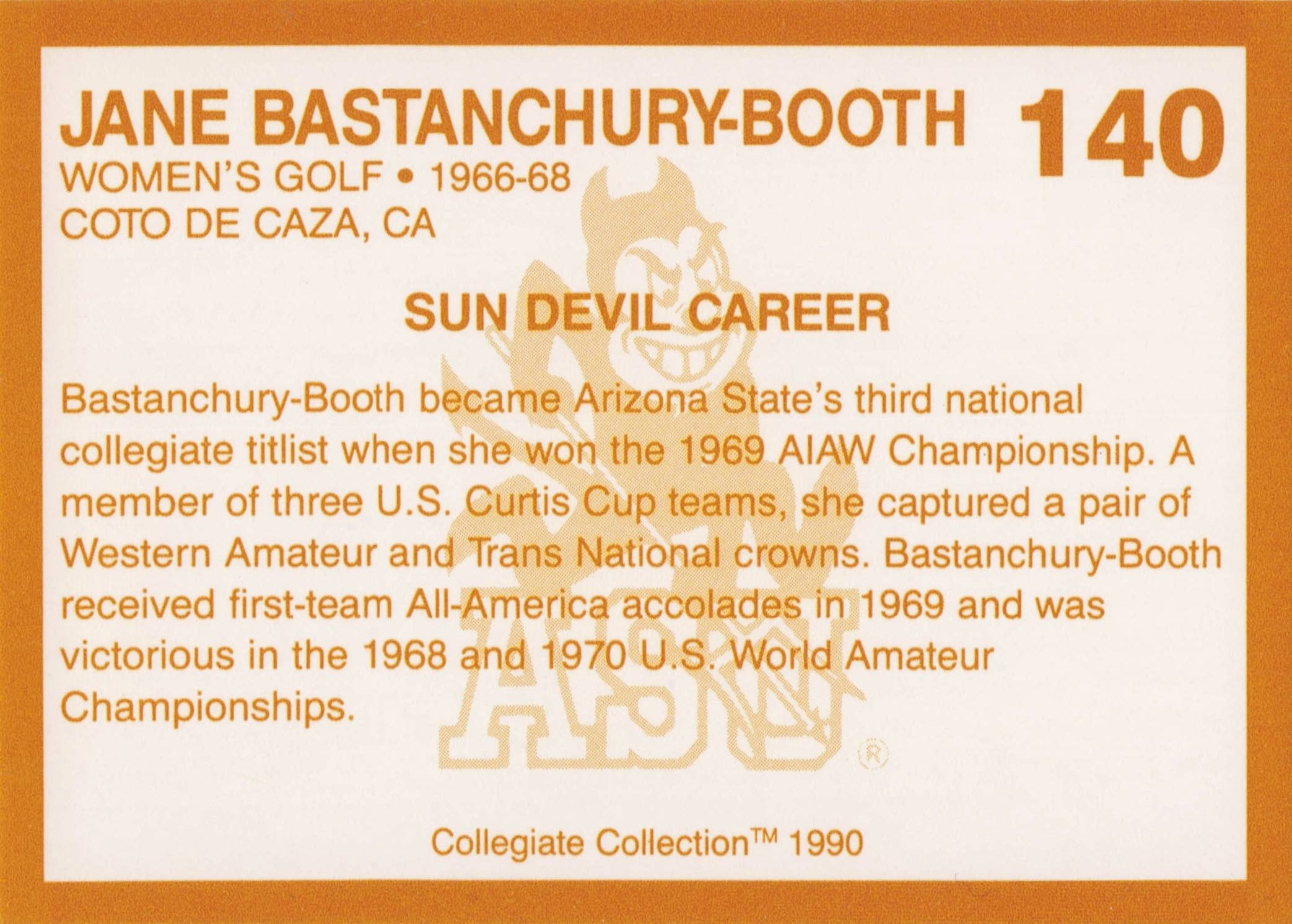 Jane Bastanchury Booth Arizona State Collegiate Collection Golf Trade Card