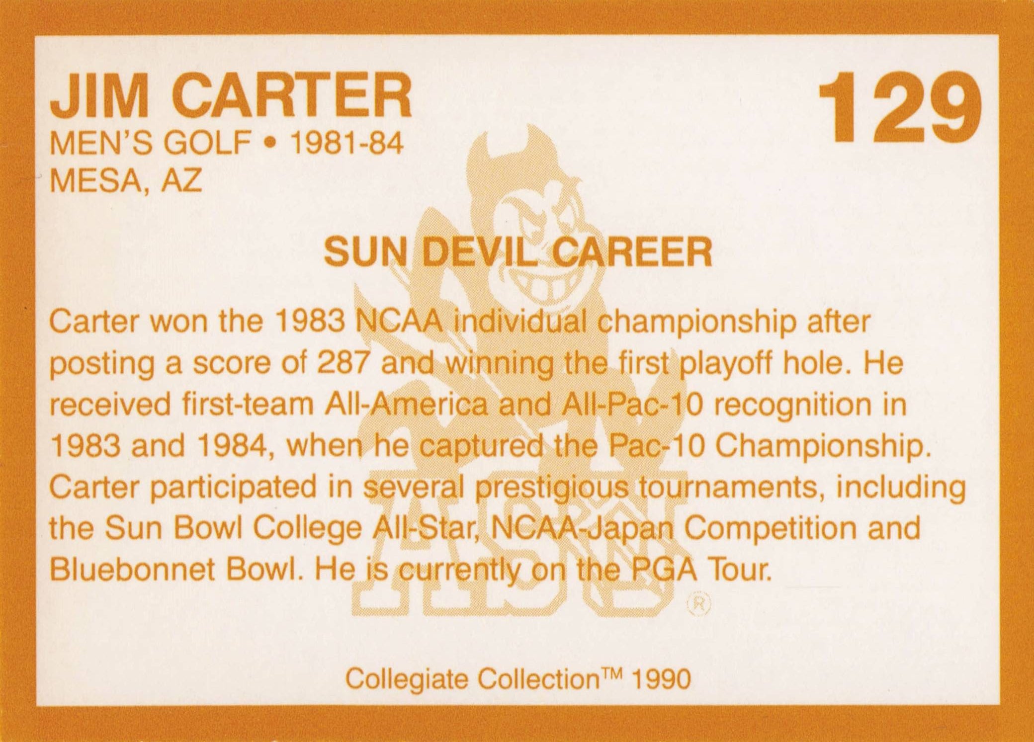 Jim Carter Arizona State Collegiate Collection Rare Golf Trade Card