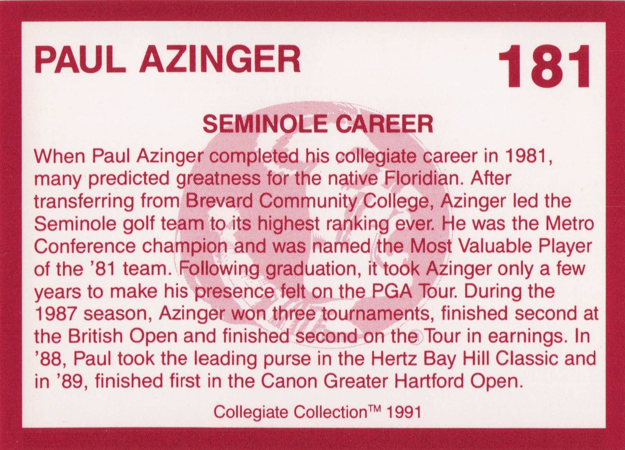 Paul Azinger Florida State Collegiate Collection Rare Golf Trade Card