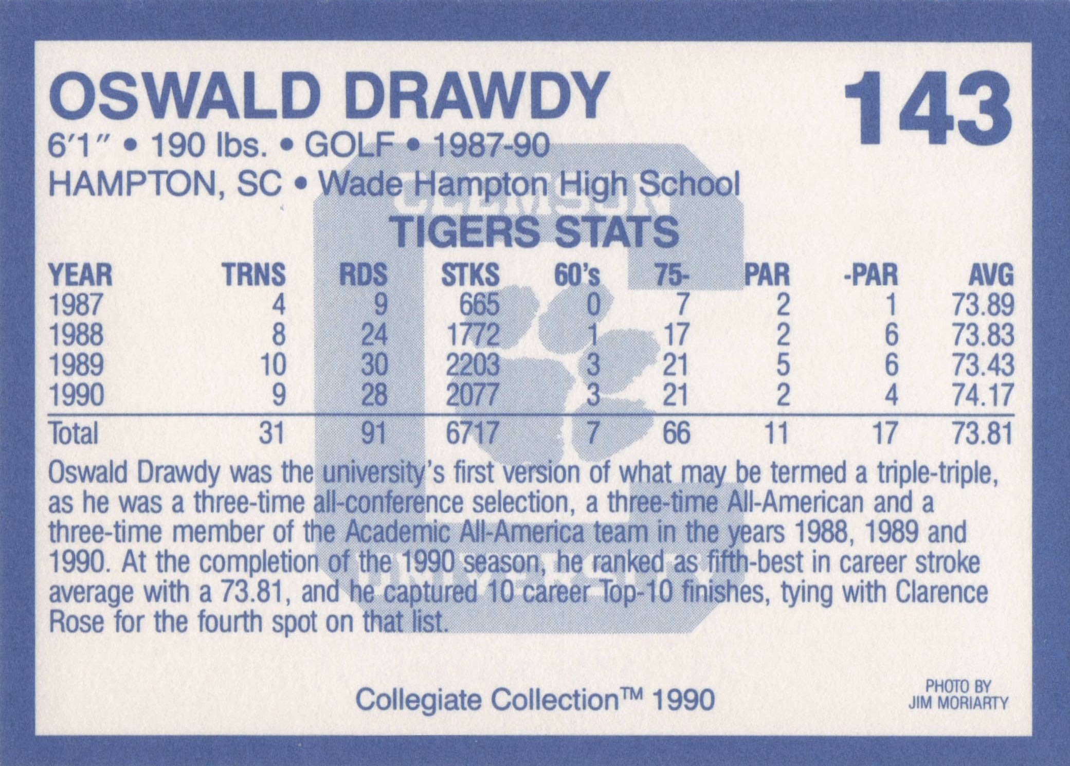 Oswald Drawdy Clemson Collegiate Collection Rare Golf Trade Card