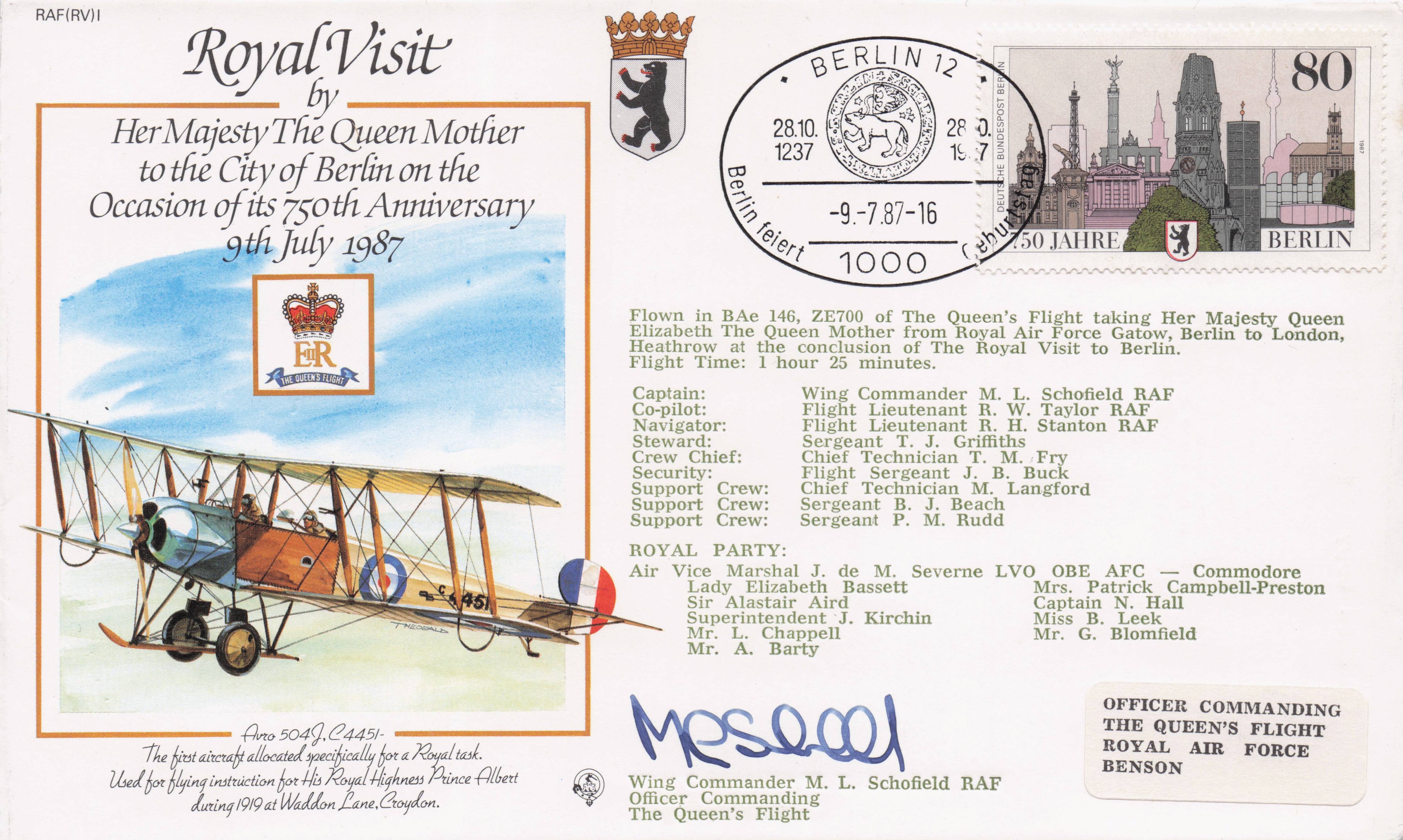 Queen Elizabeth Mother Royal Visit Berlin Germany 1987 Hand Signed FDC