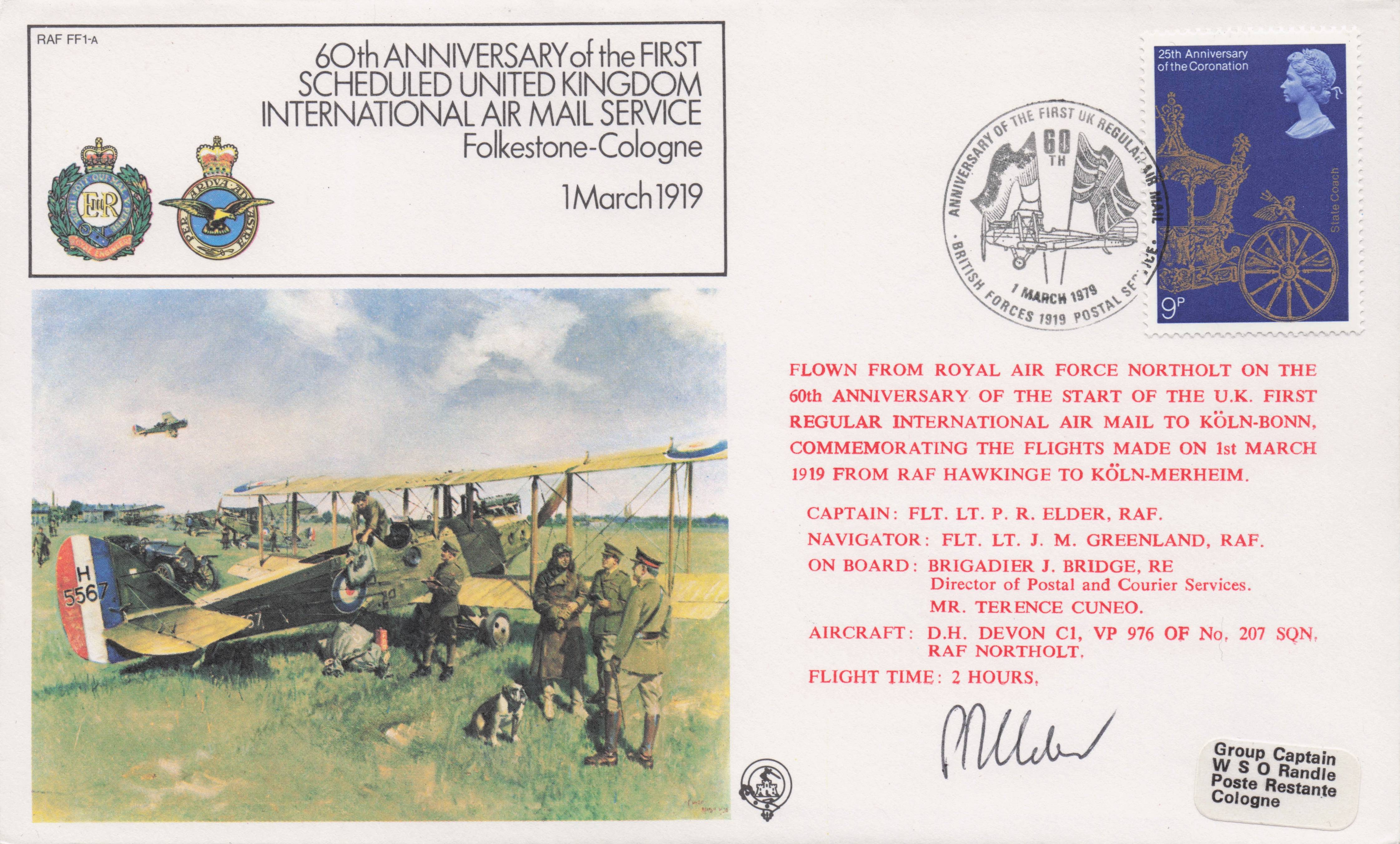 60th Anniversary Of 1st Flight Folkestone Cologne 1919 Hand Signed FDC