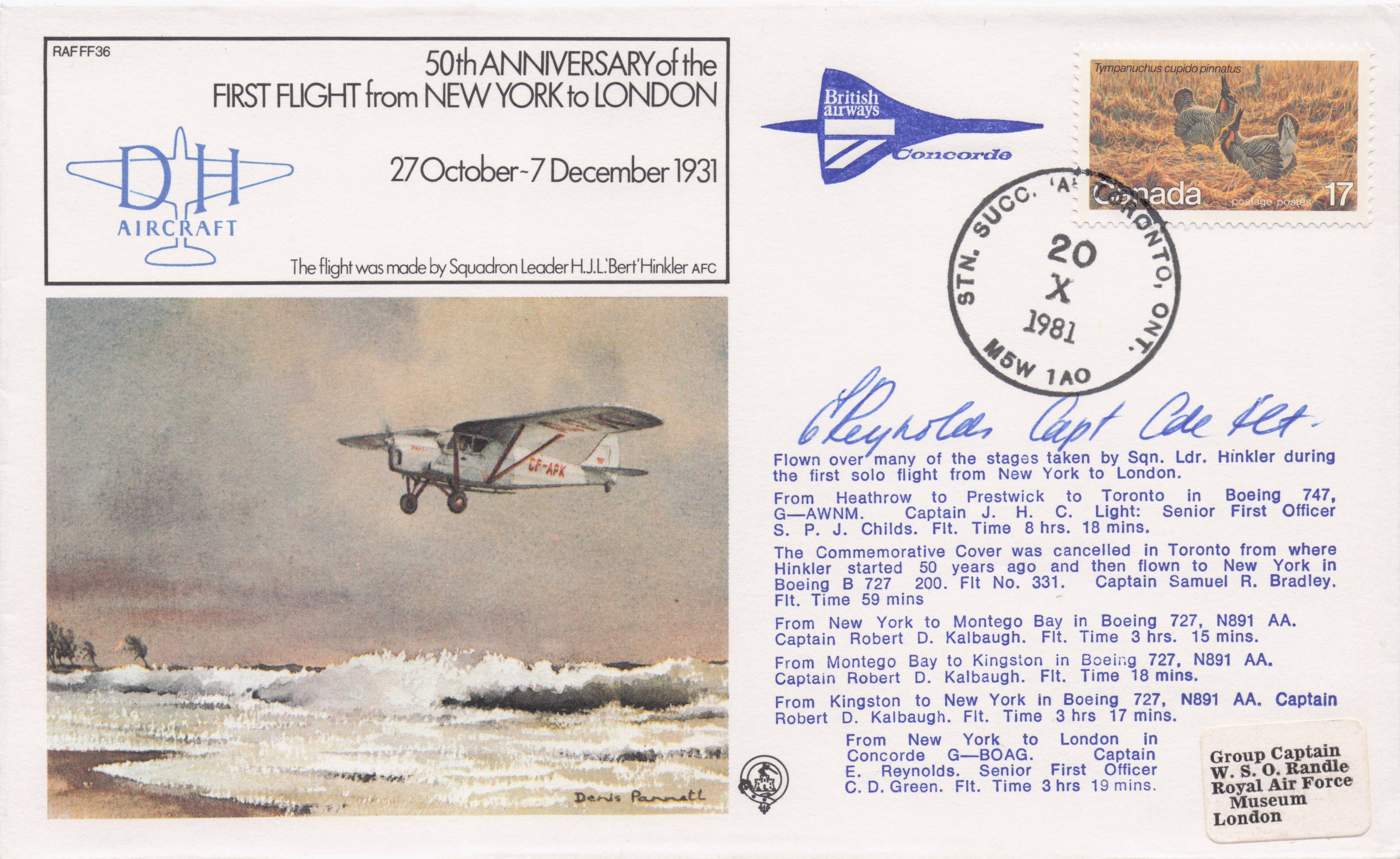 50th Anniversary First Plane Flight New York To London Hand Signed FDC