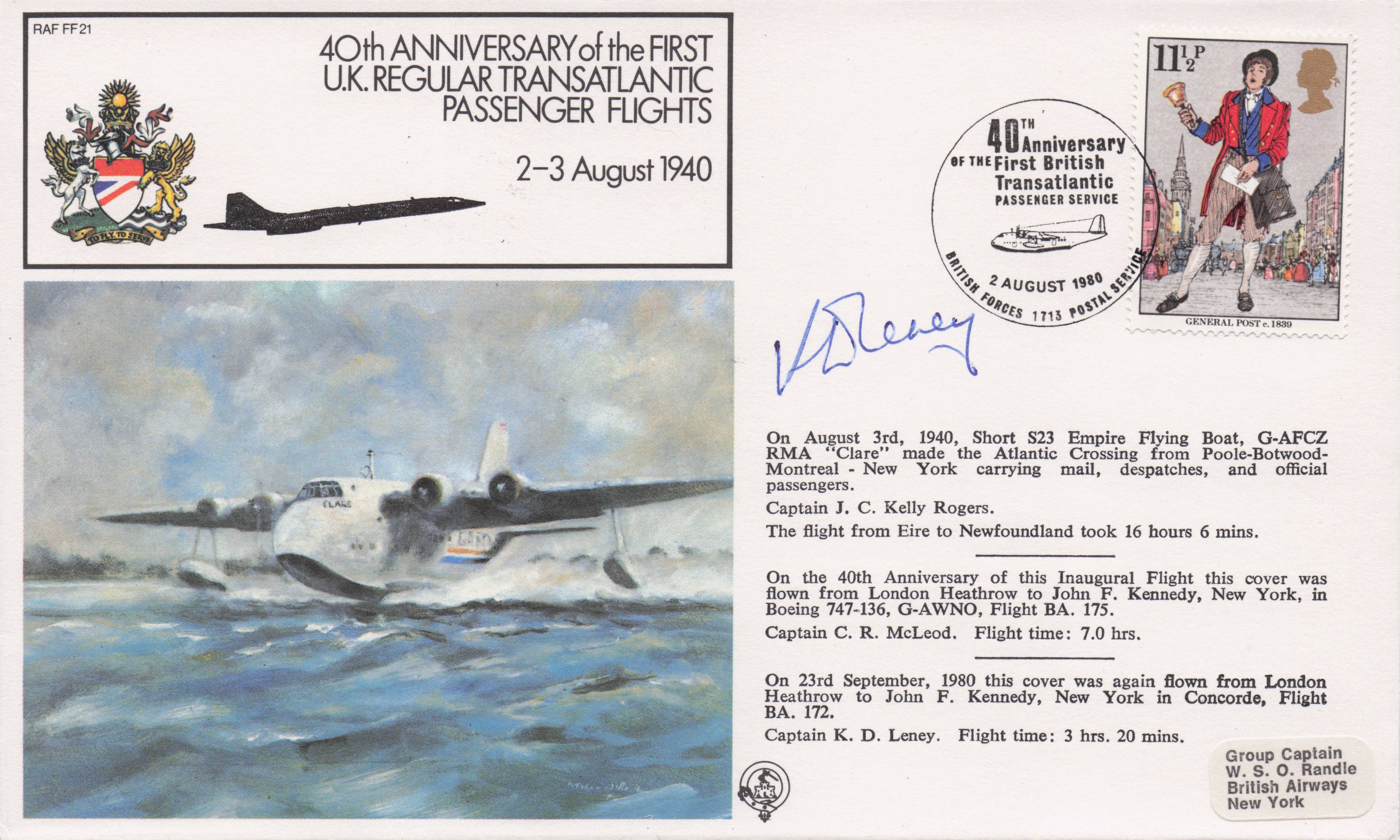 First UK Transatlantic Passenger Flights 40th Anniverary Hand Signed FDC