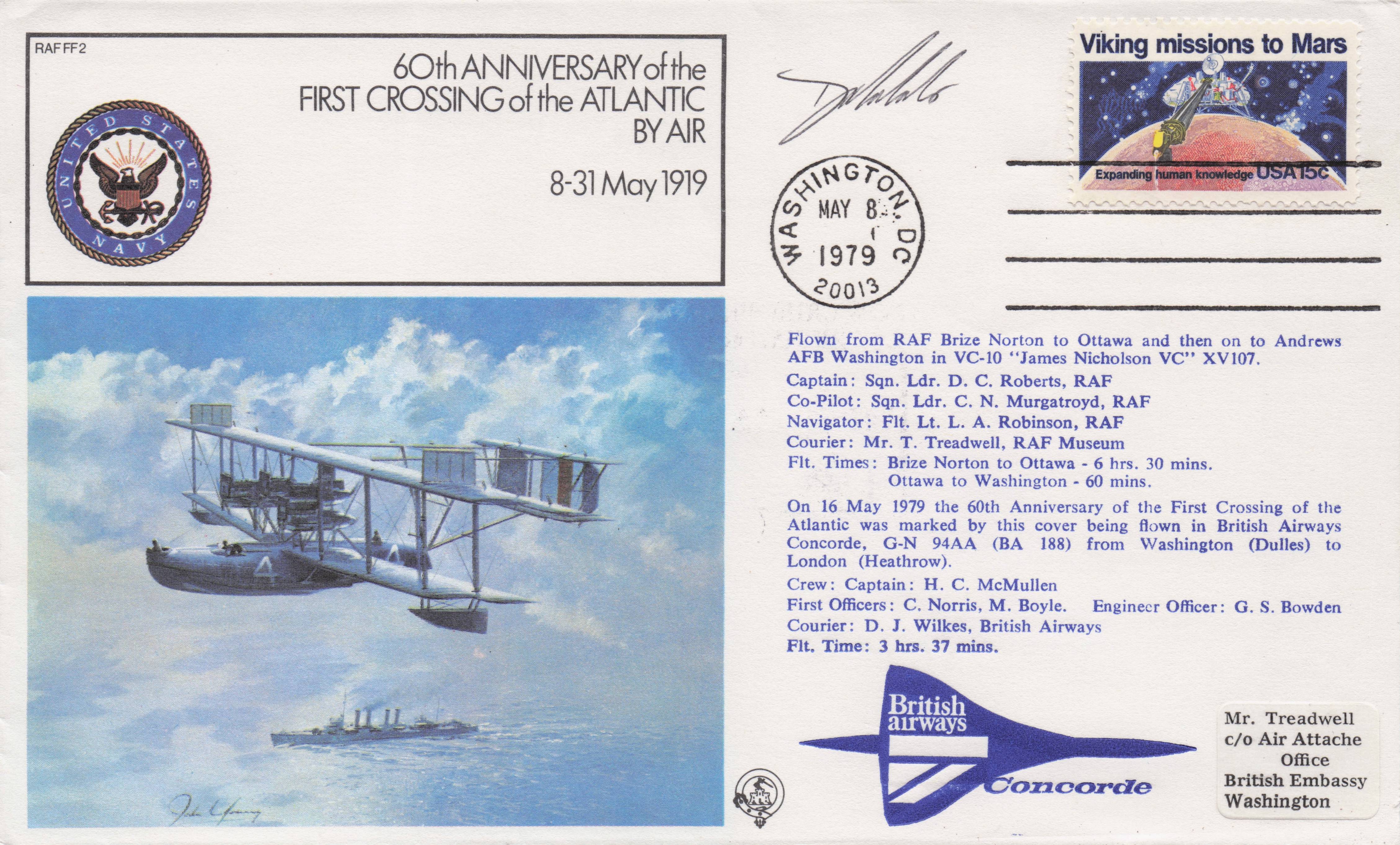 First Atlantic Air Crossing 60th Anniversary Concorde Hand Signed FDC