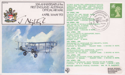 First England to Australia Air Mail Postal Services Flight Hand Signed FDC