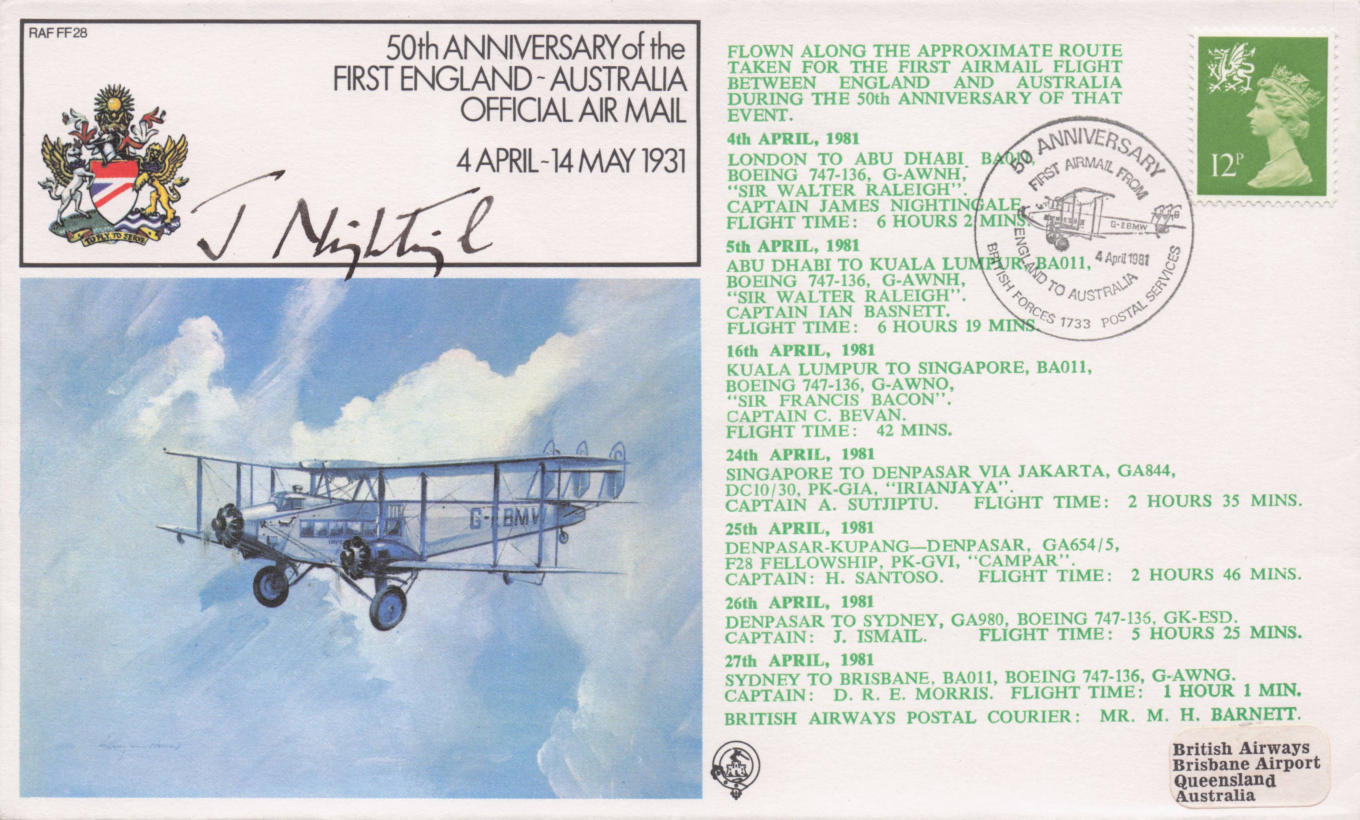 First England to Australia Air Mail Postal Services Flight Hand Signed FDC