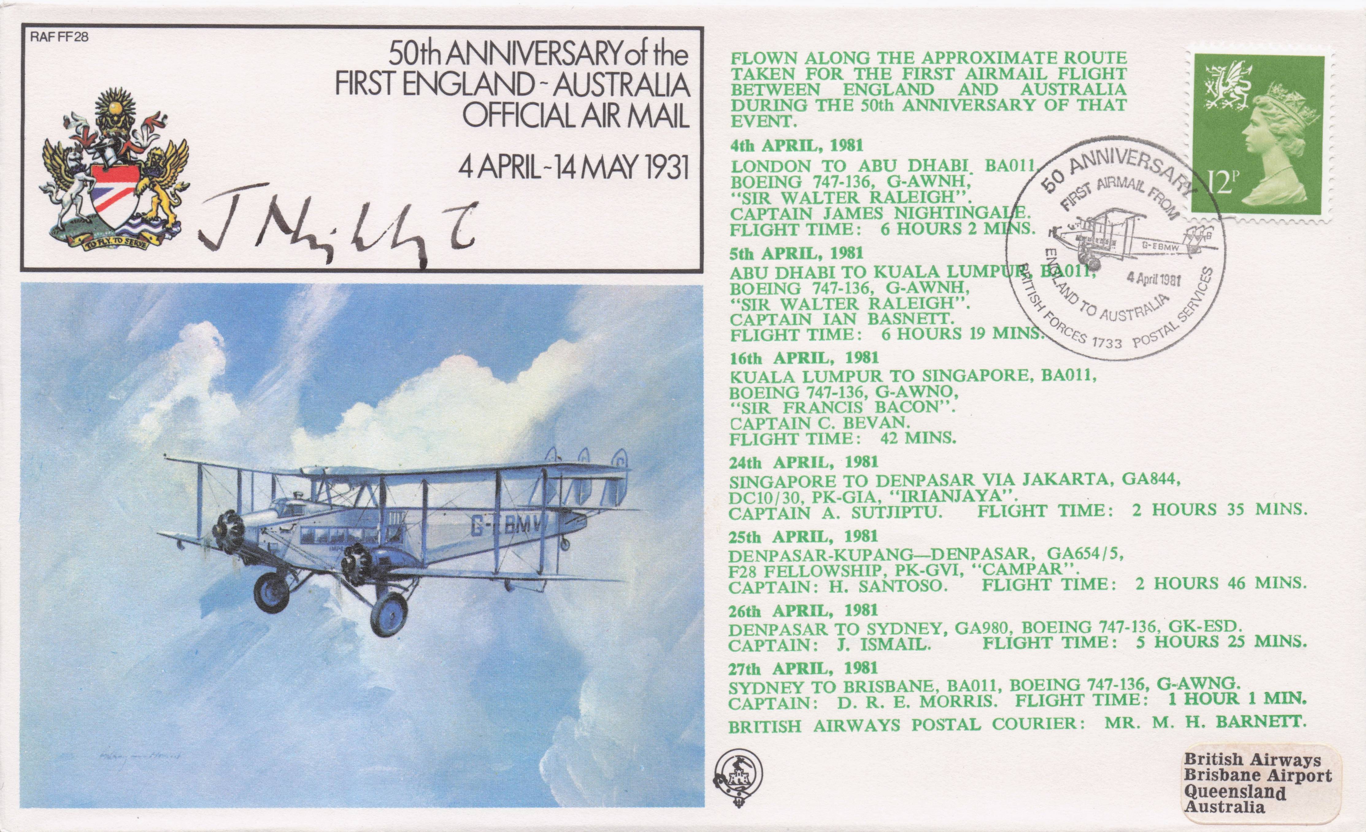 First England to Australia Official Air Mail Flight Anniversary Hand Signed FDC