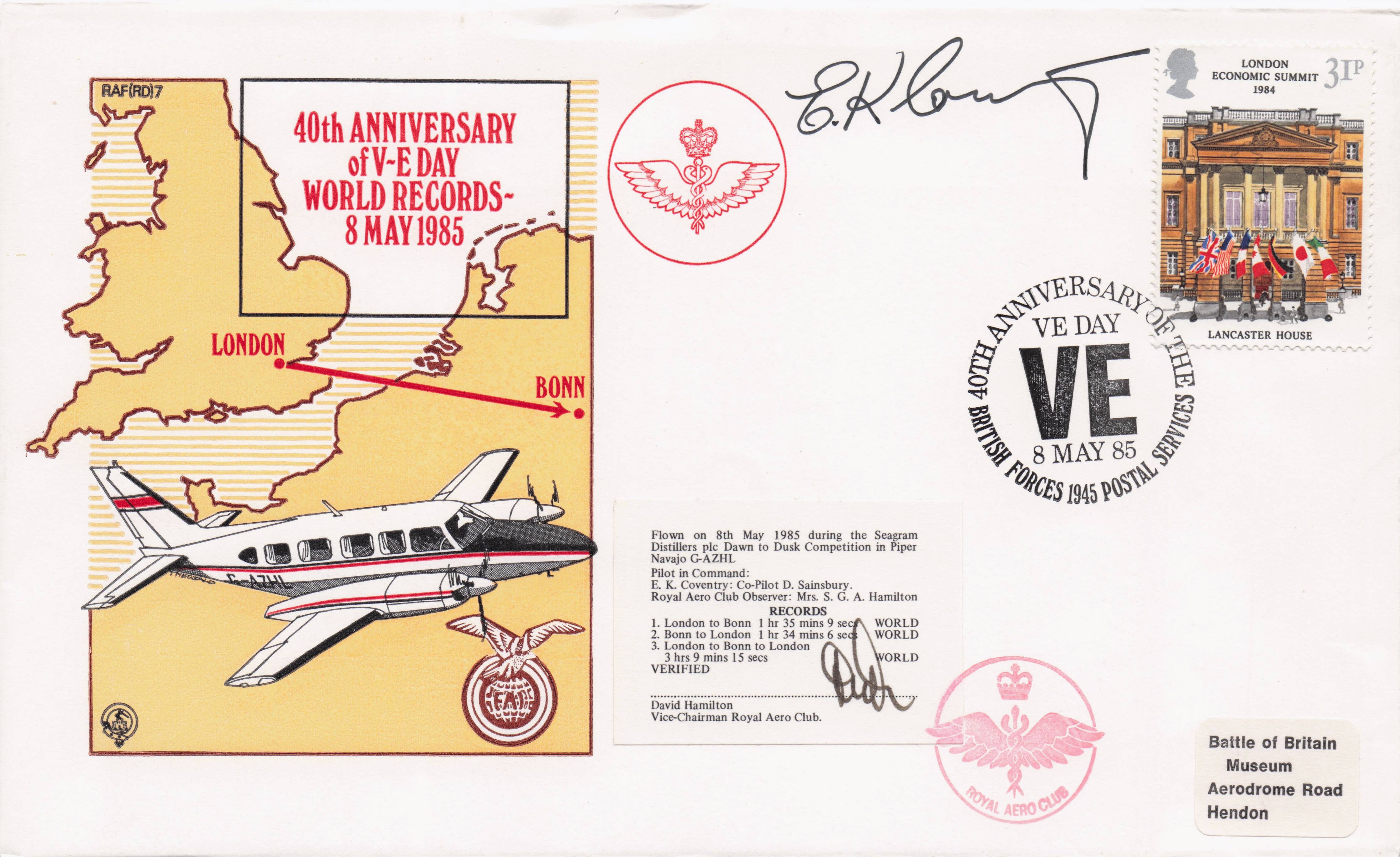 World VE WW2 Victory Day Records London Bonn Map Military Hand Signed FDC