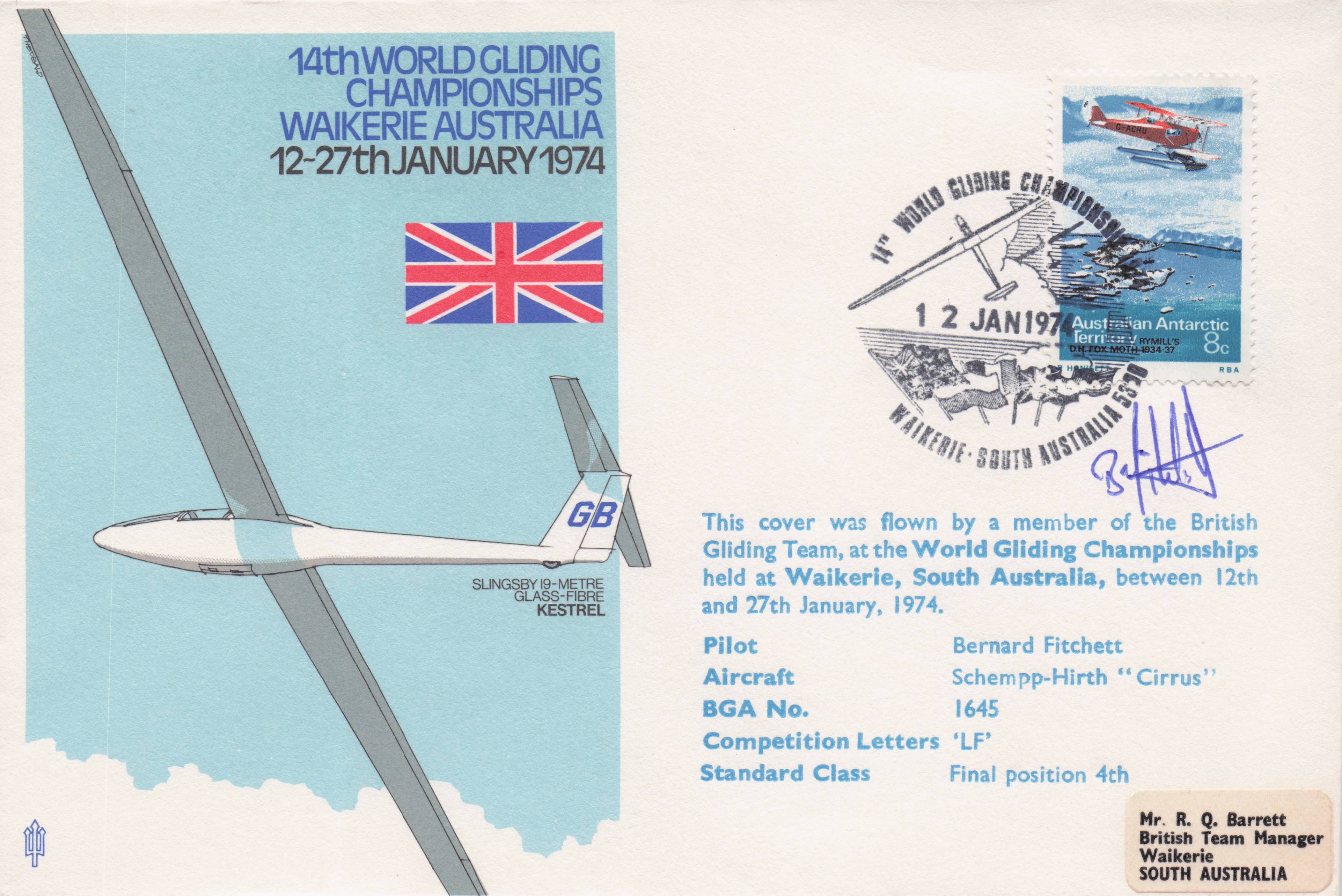 World Gliding Championships Anniversary Waikerie Australian Hand Signed FDC