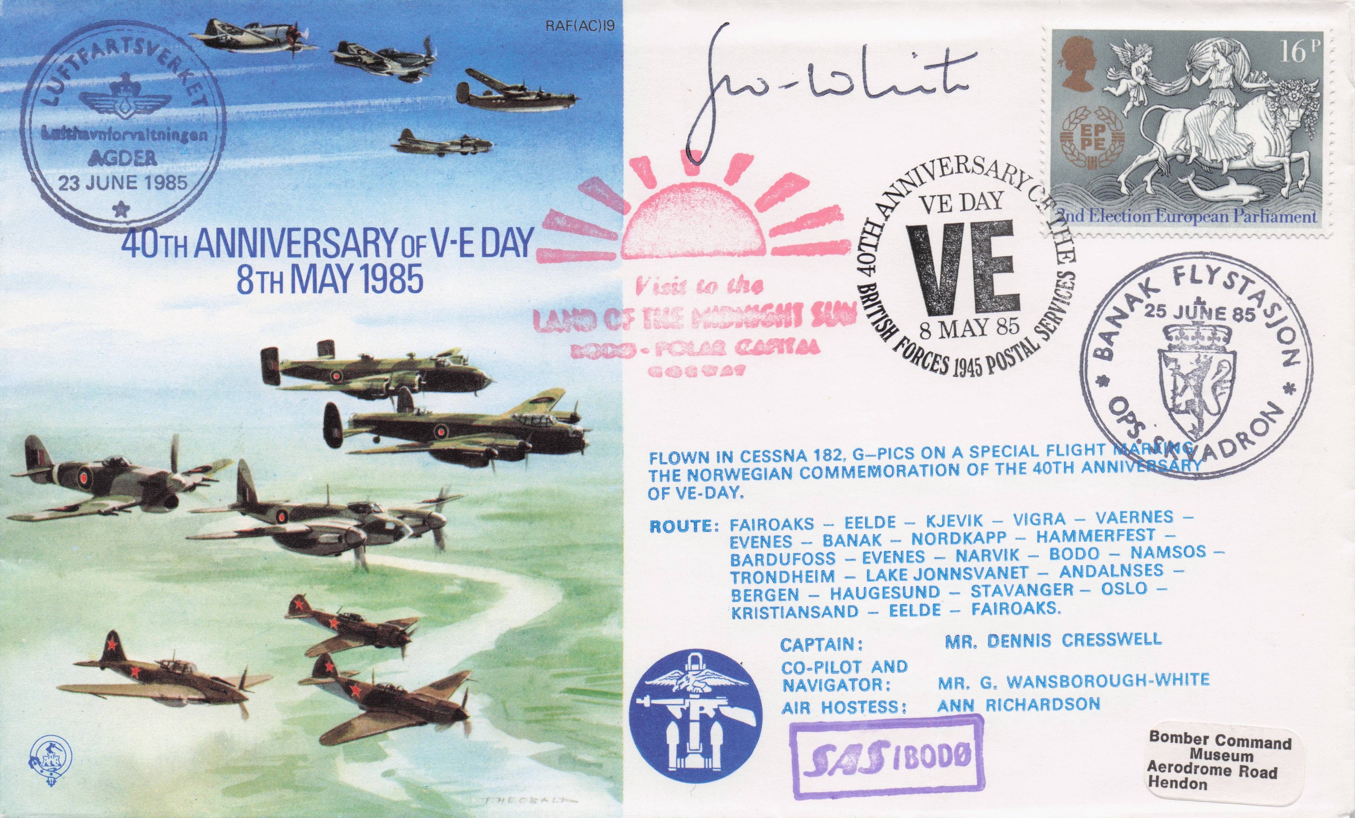 VE WW2 Victory Day Banak Norway Frank Plane Military Hand Signed FDC