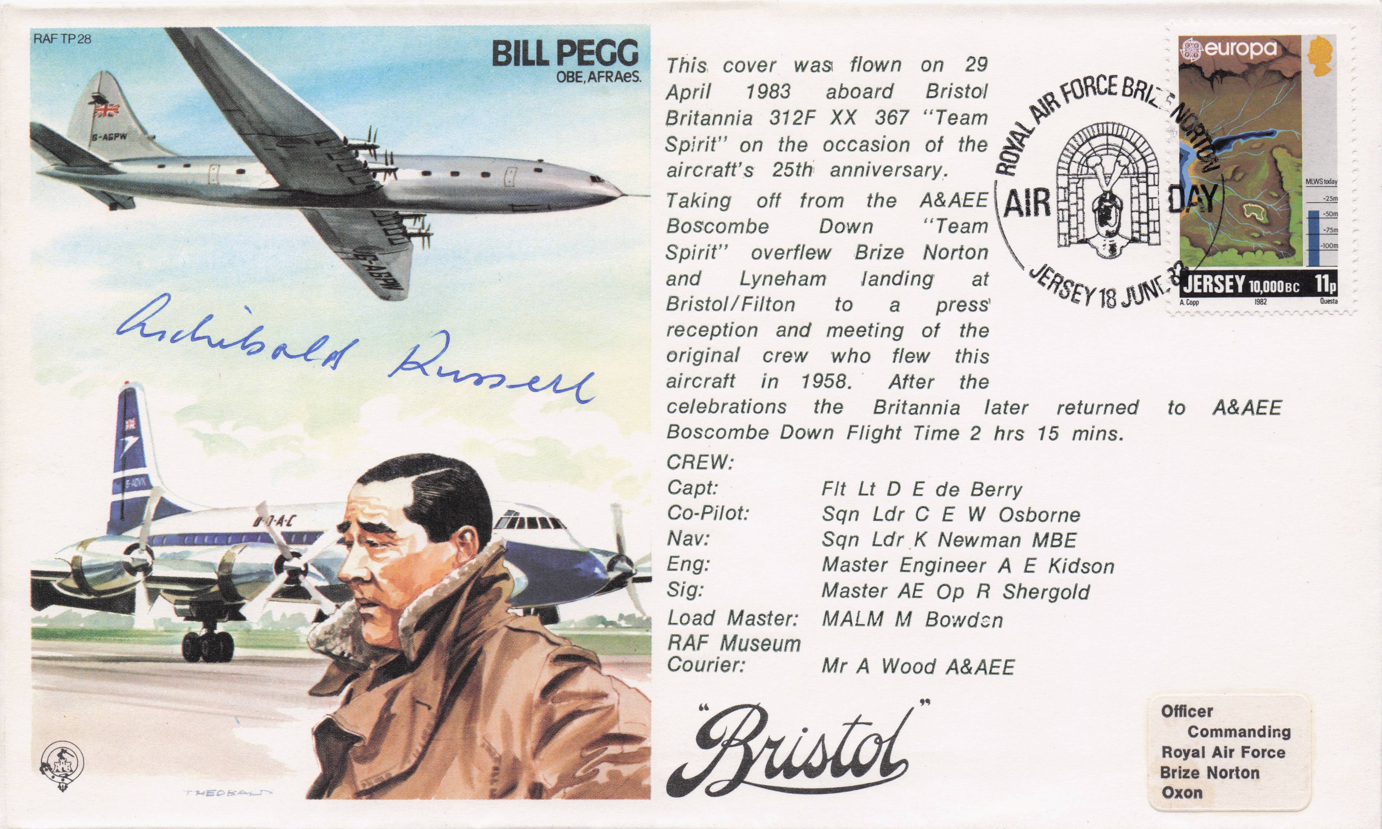 Bill Pegg RAF Jersey Archibald Russell Military Hand Signed 1983 FDC