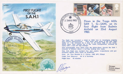 First Flight Of SAH-1 Military Training RAF Plane Bodmin Hand Signed FDC