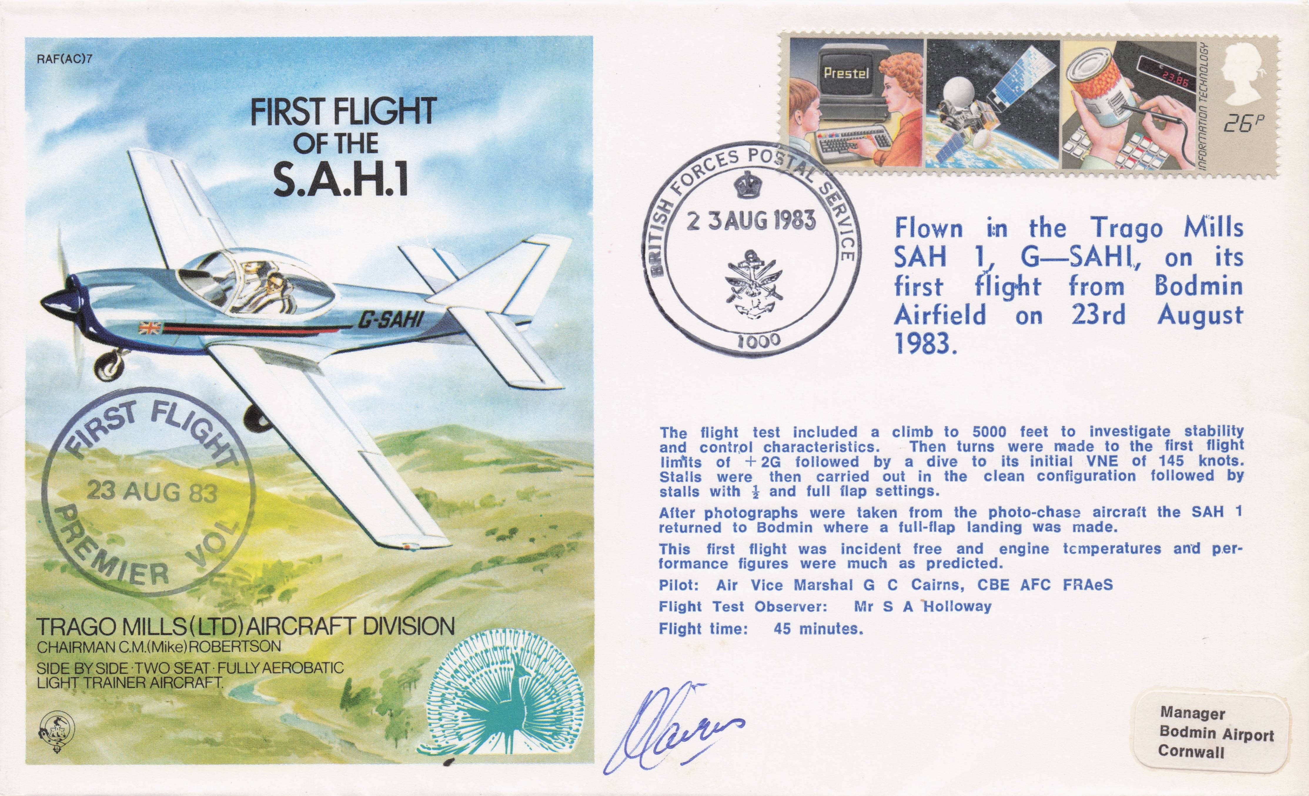 First Flight Of SAH-1 Military Training RAF Plane Bodmin Hand Signed FDC