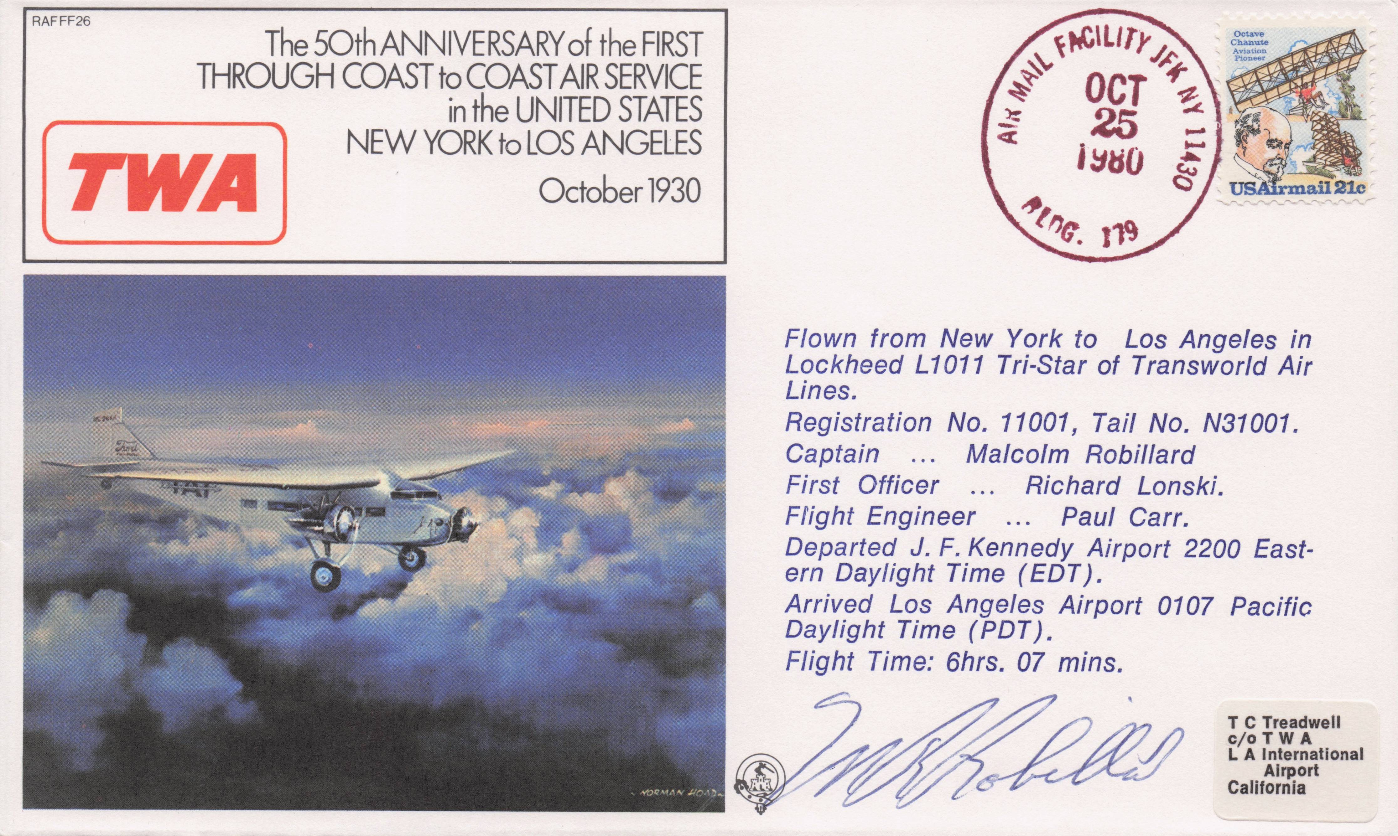 Coast To Coast USA Air Service Los Angeles Airport 1980 Hand Signed FDC