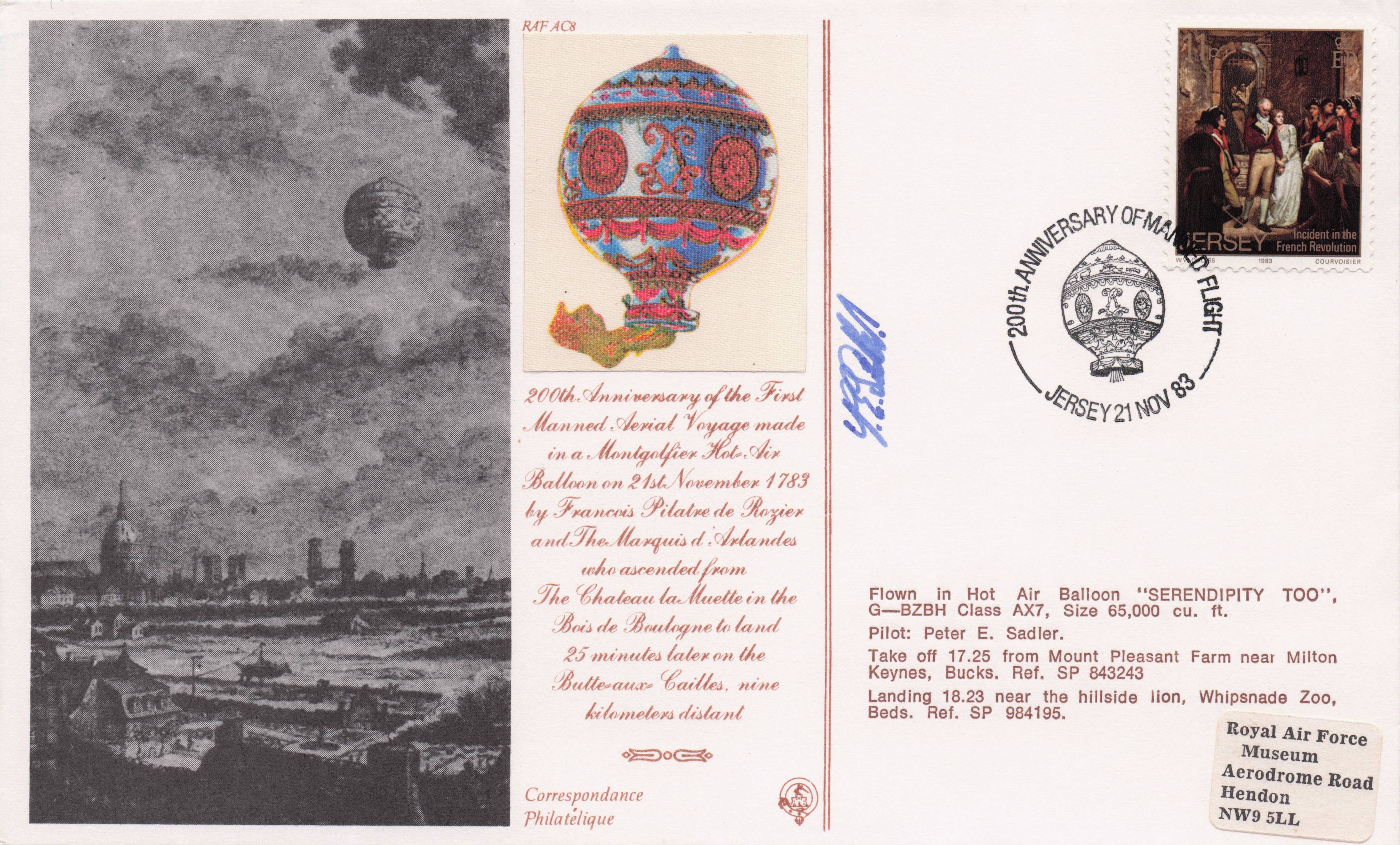 200th Anniversary Of Hot Air Balloon Flight Serendipity Hand Signed FDC