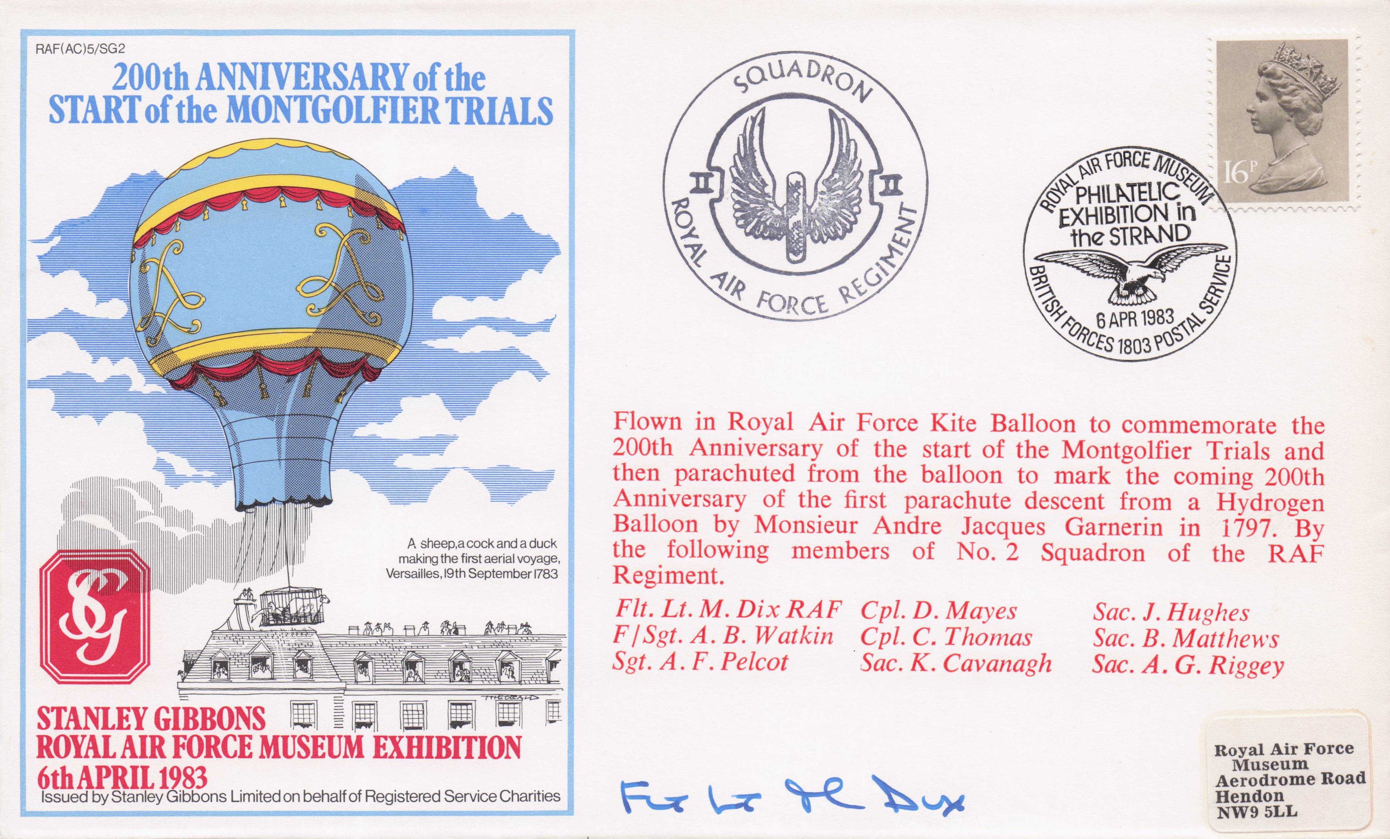 Montgolfier Trials RAF Regiment Stanley Gibbons Exhibition Hand Signed FDC