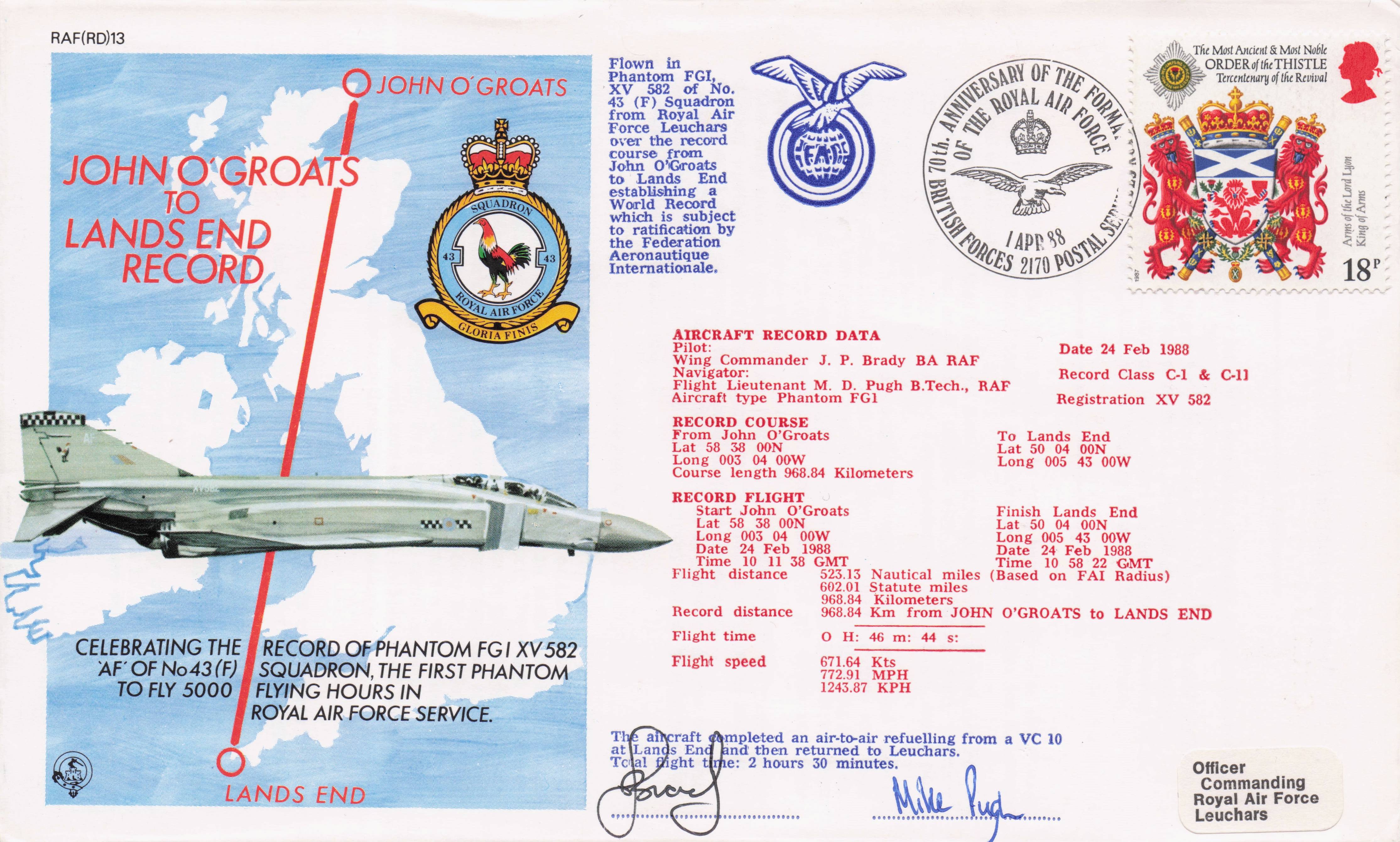 John O Groats To Lands End Phantom Plane MULTI Hand Signed Military FDC