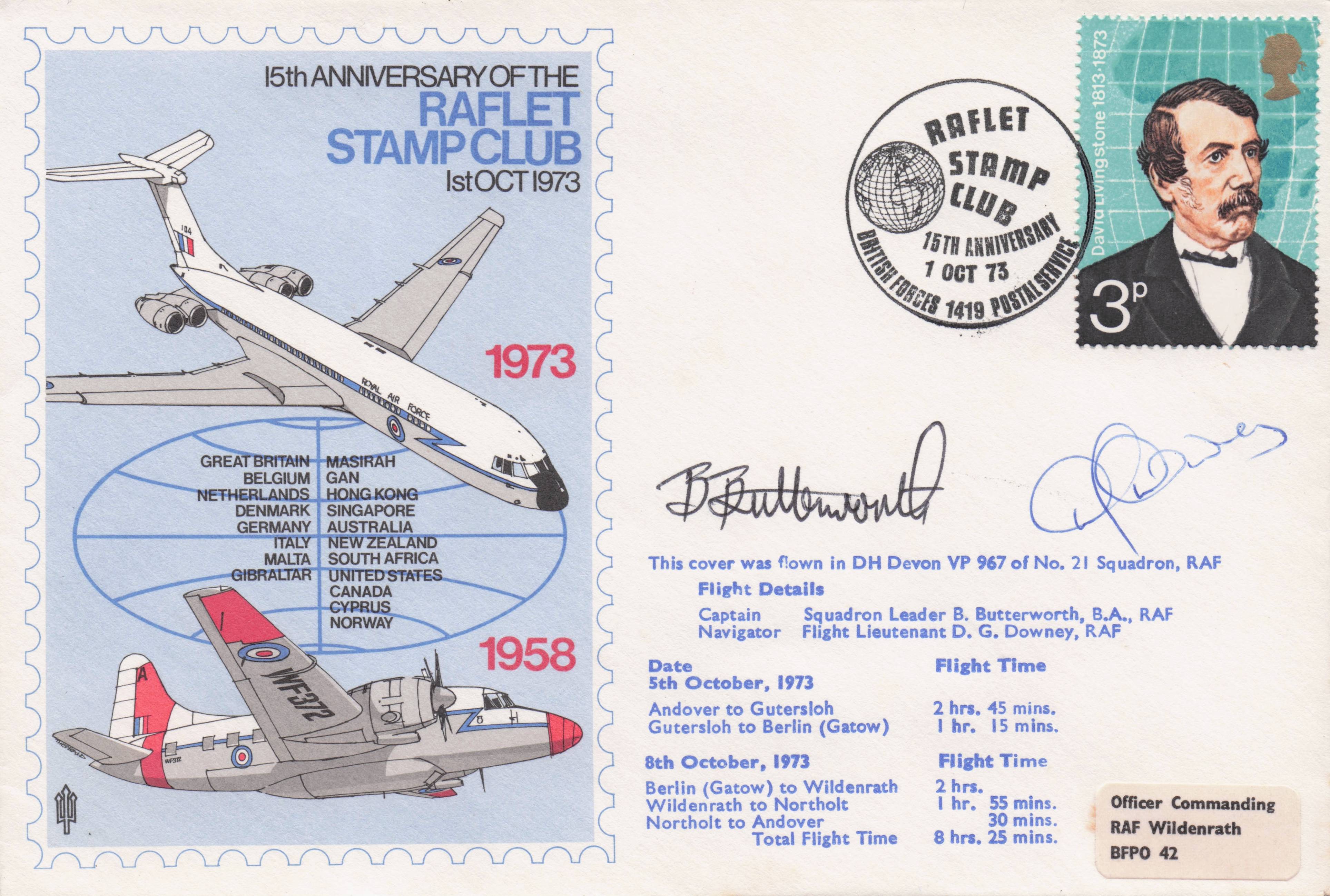 Raflet Stamp Club 1973 RAF Andover 21 Squadron Hand Signed Military FDC