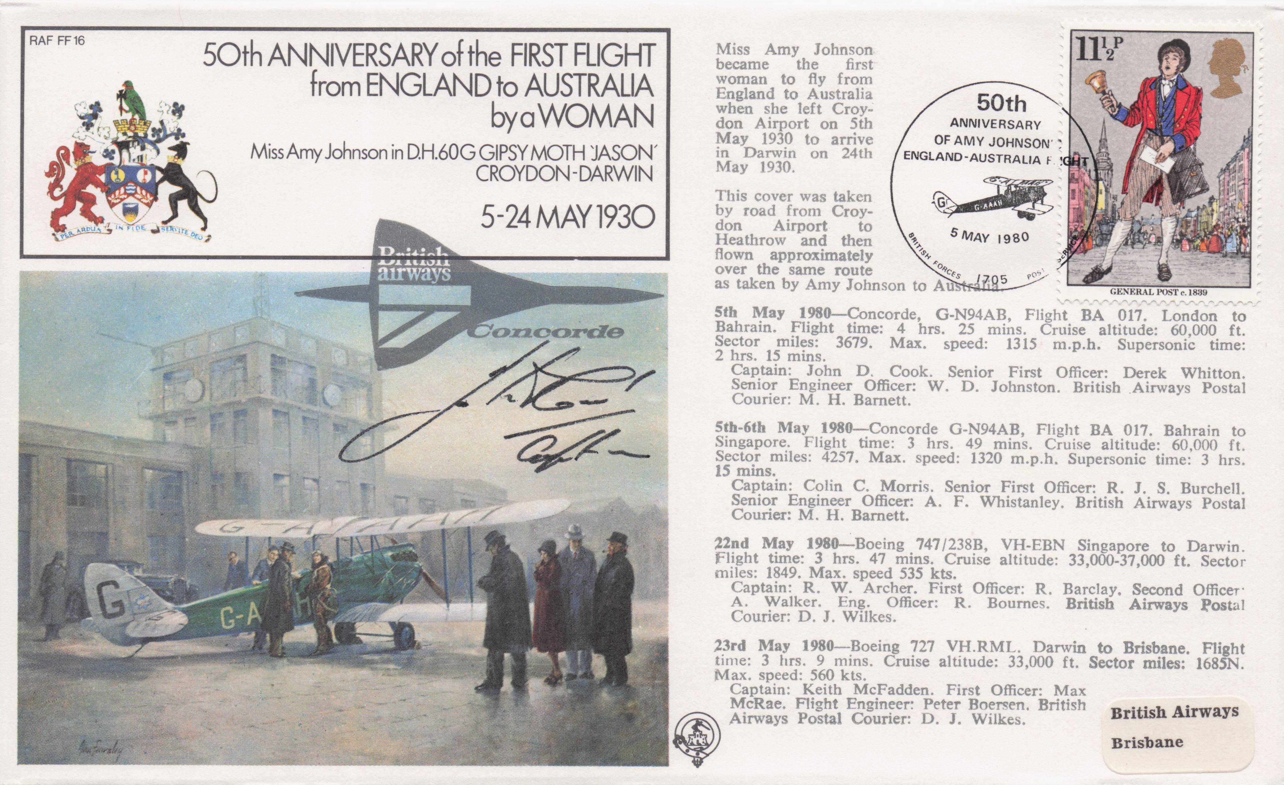 First Pilot Air Flight To Australia By Woman Amy Johnson Hand Signed FDC