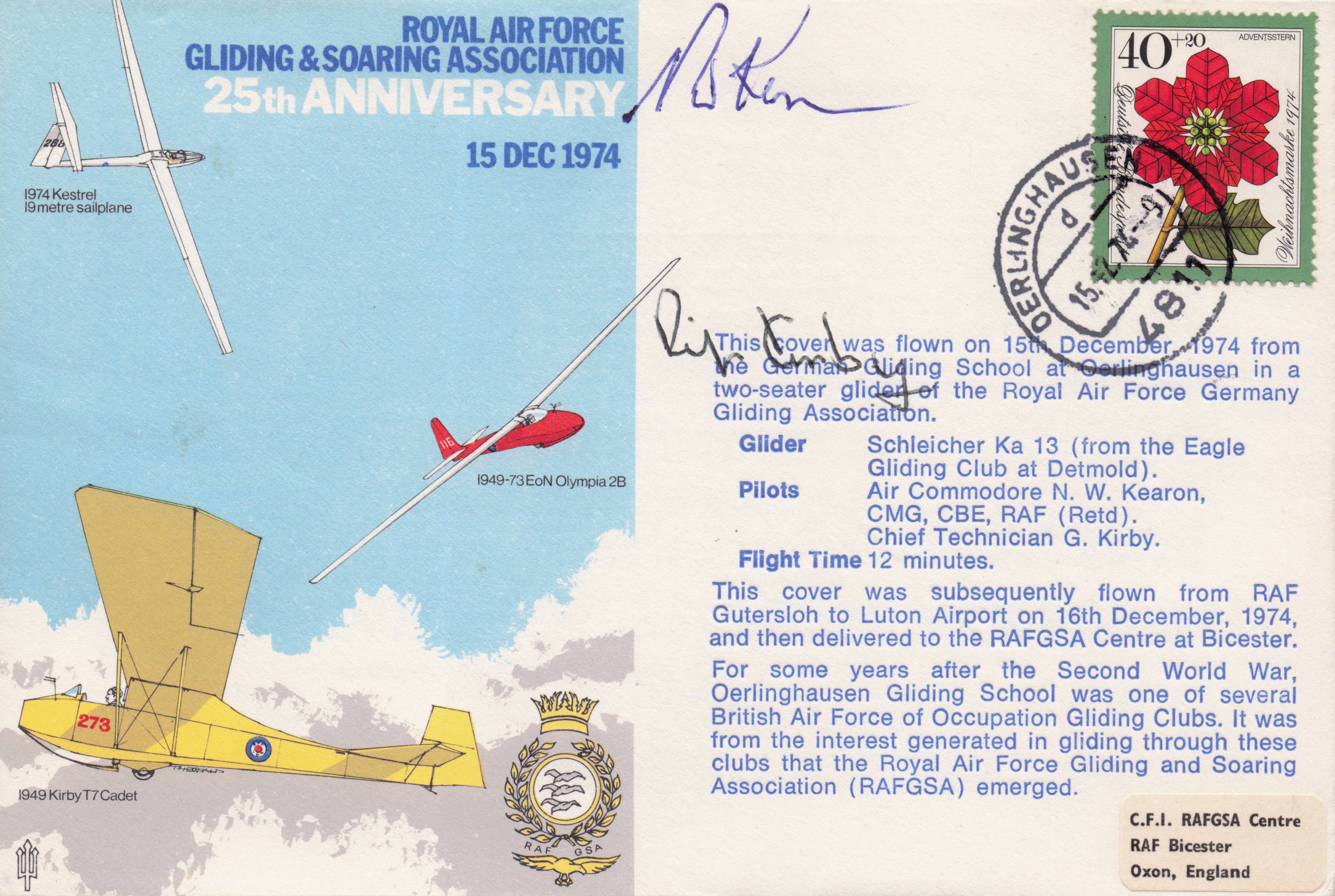 RAF Gliding & Soaring 25th Anniversary 1974 Double Hand Signed FDC