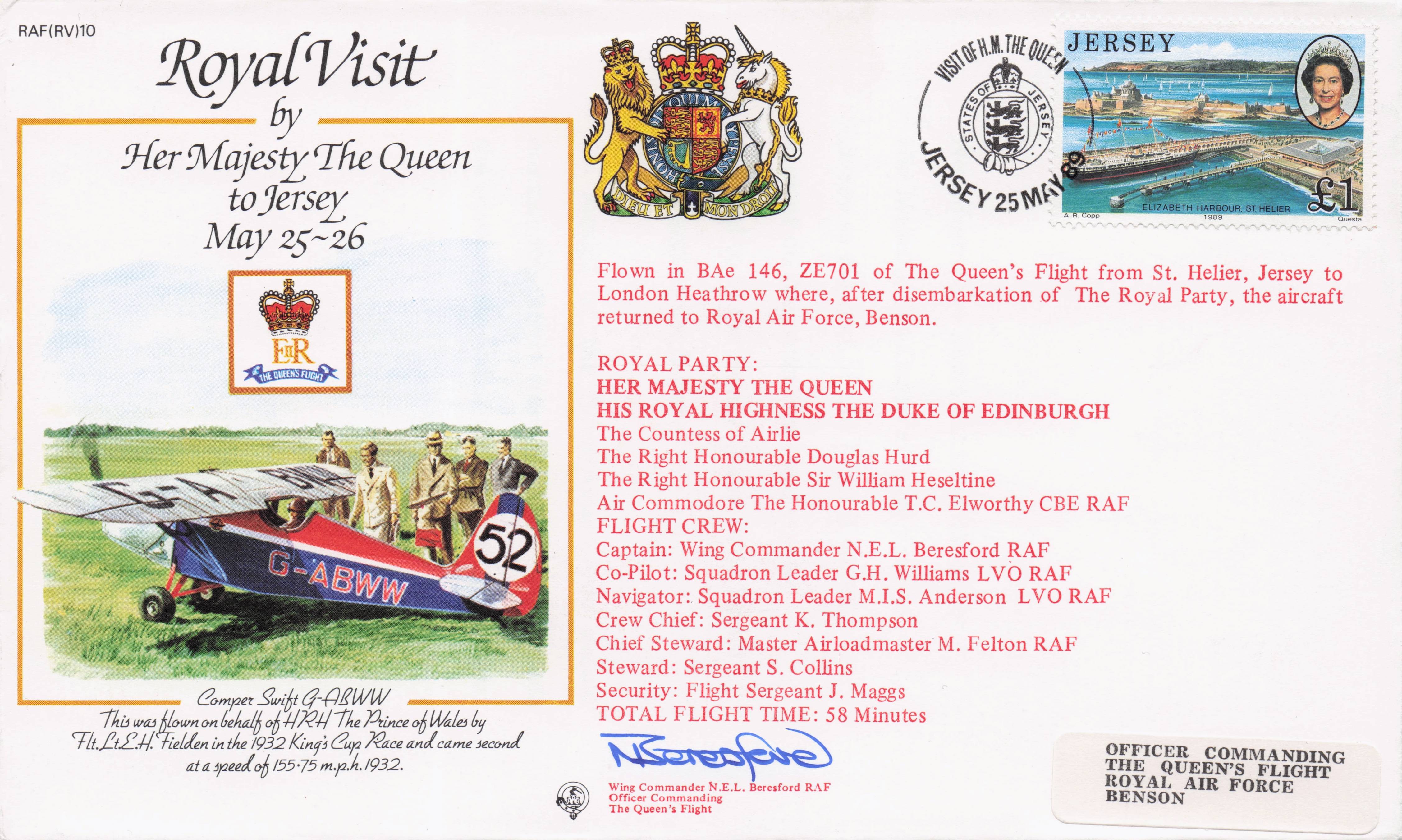 Royal Visit Queen Elizabeth II To Jersey Hand Signed & Flown FDC