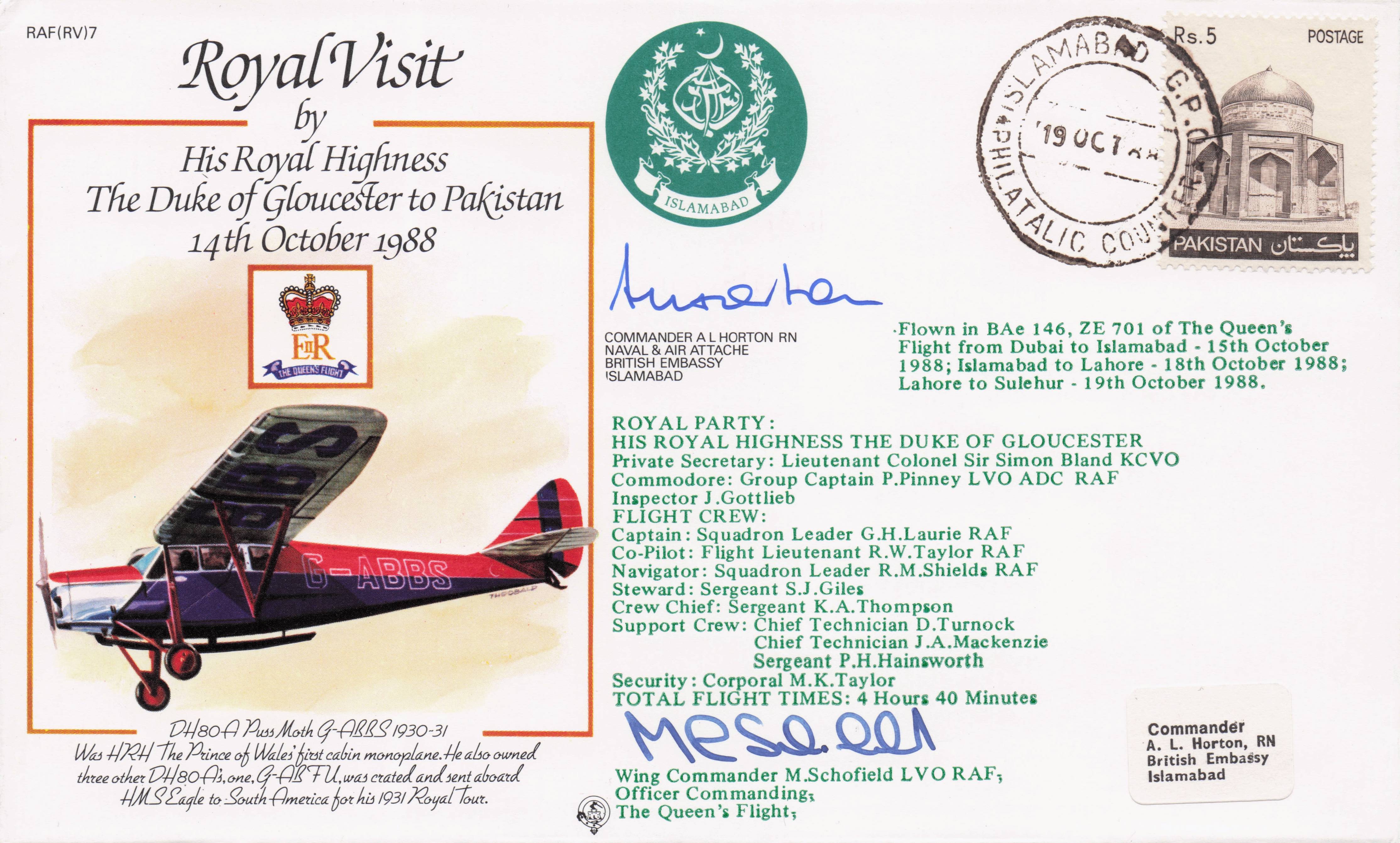 Duke Of Gloucester Royal Visit To Pakistan Islamabad Dubai 1988 Hand Signed FDC