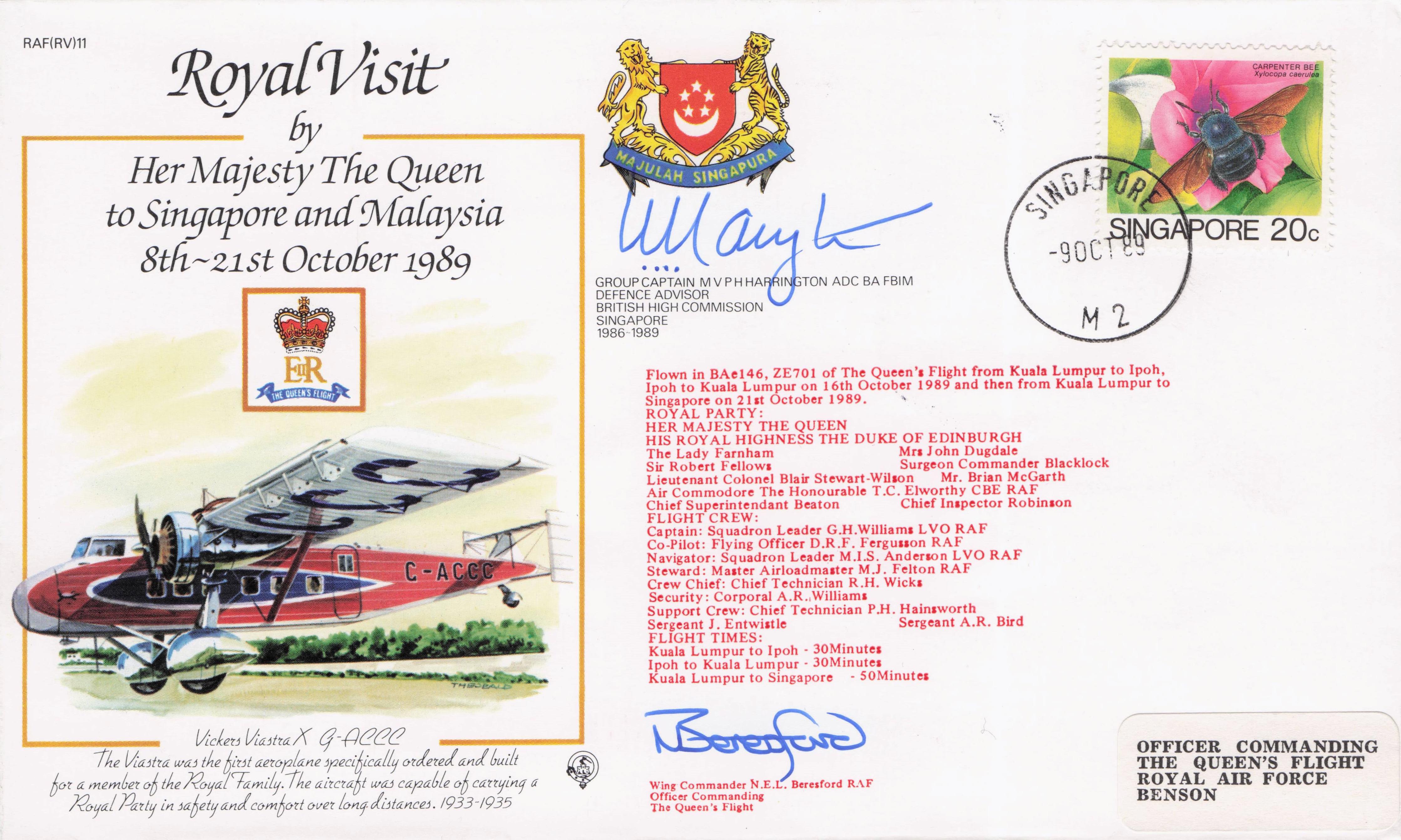 Queen Elizabeth 1989 Royal Visit To Singapore Malaysia Kuala Lumpar Hand Signed FDC