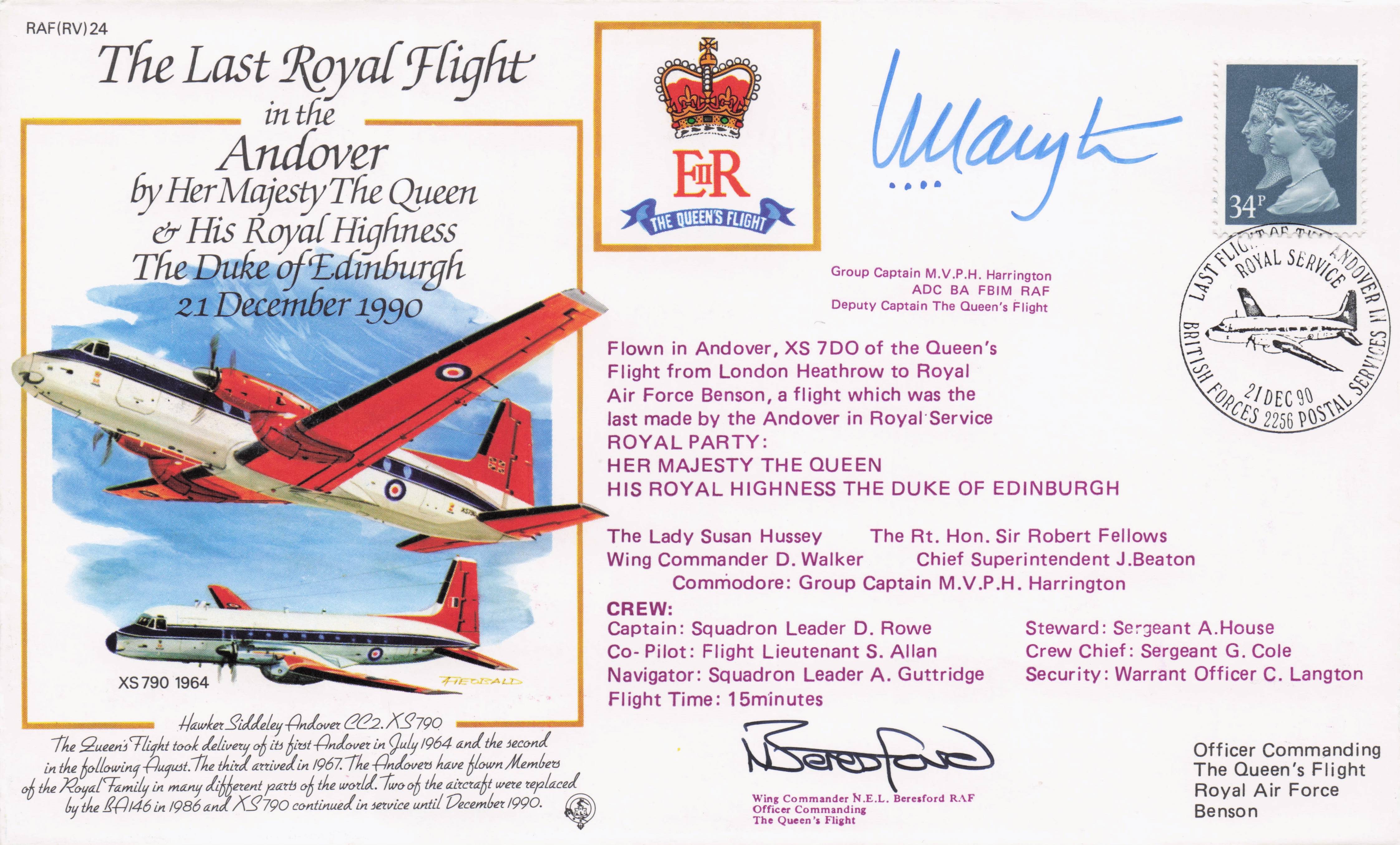 Queen Elizabeth II Royal Flight To Andover 1990 Multi Hand Signed FDC