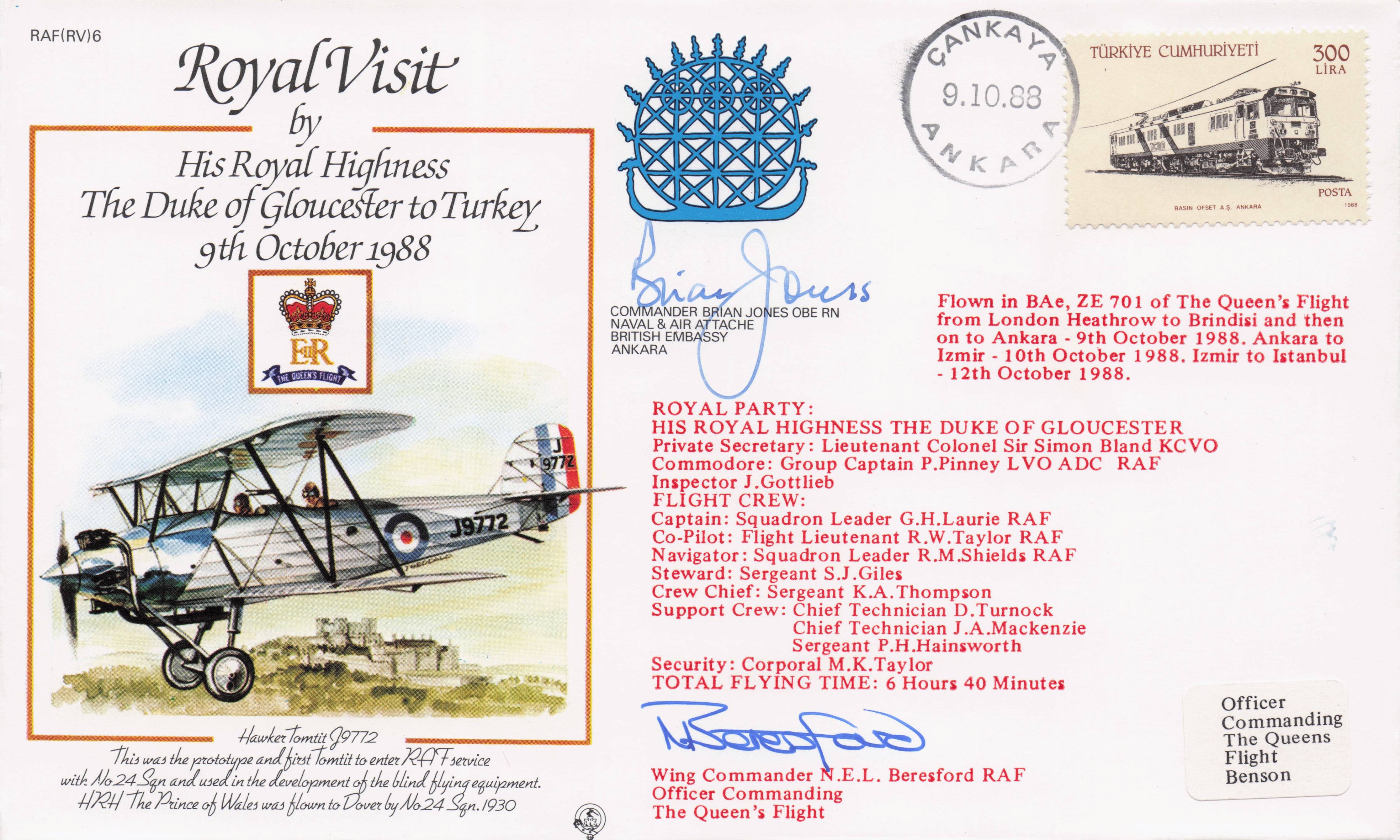Duke Of Gloucester Royal Visit To Turkey Izmir 1988 MULTI Hand Signed FDC