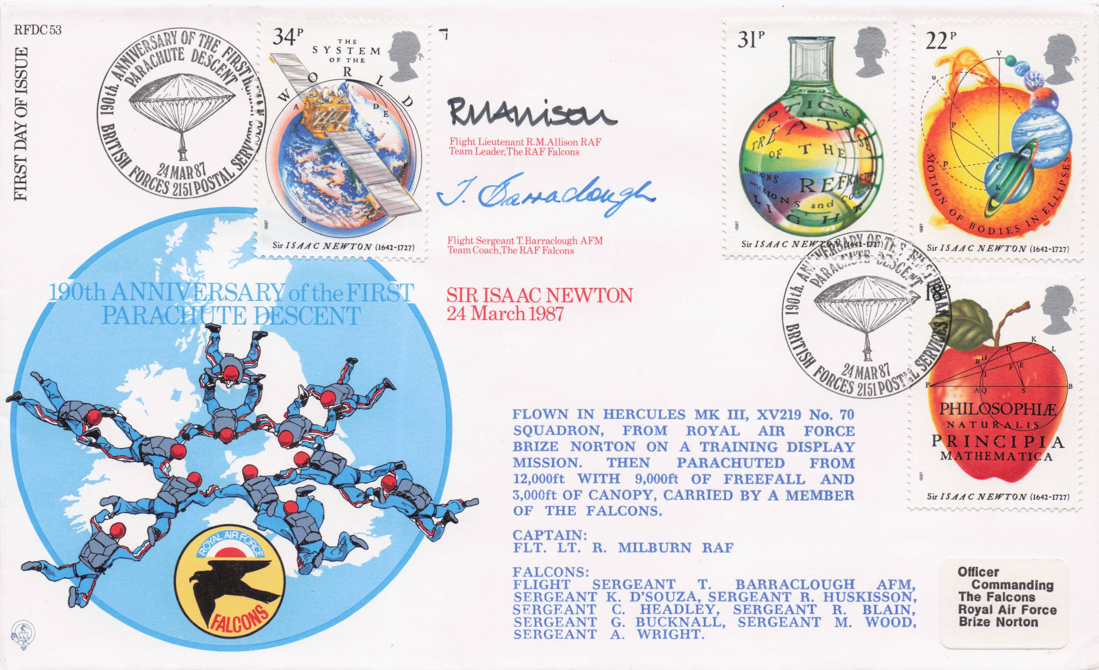 First Parachute Descent Isaac Newton Multi 1987 Hand Signed FDC