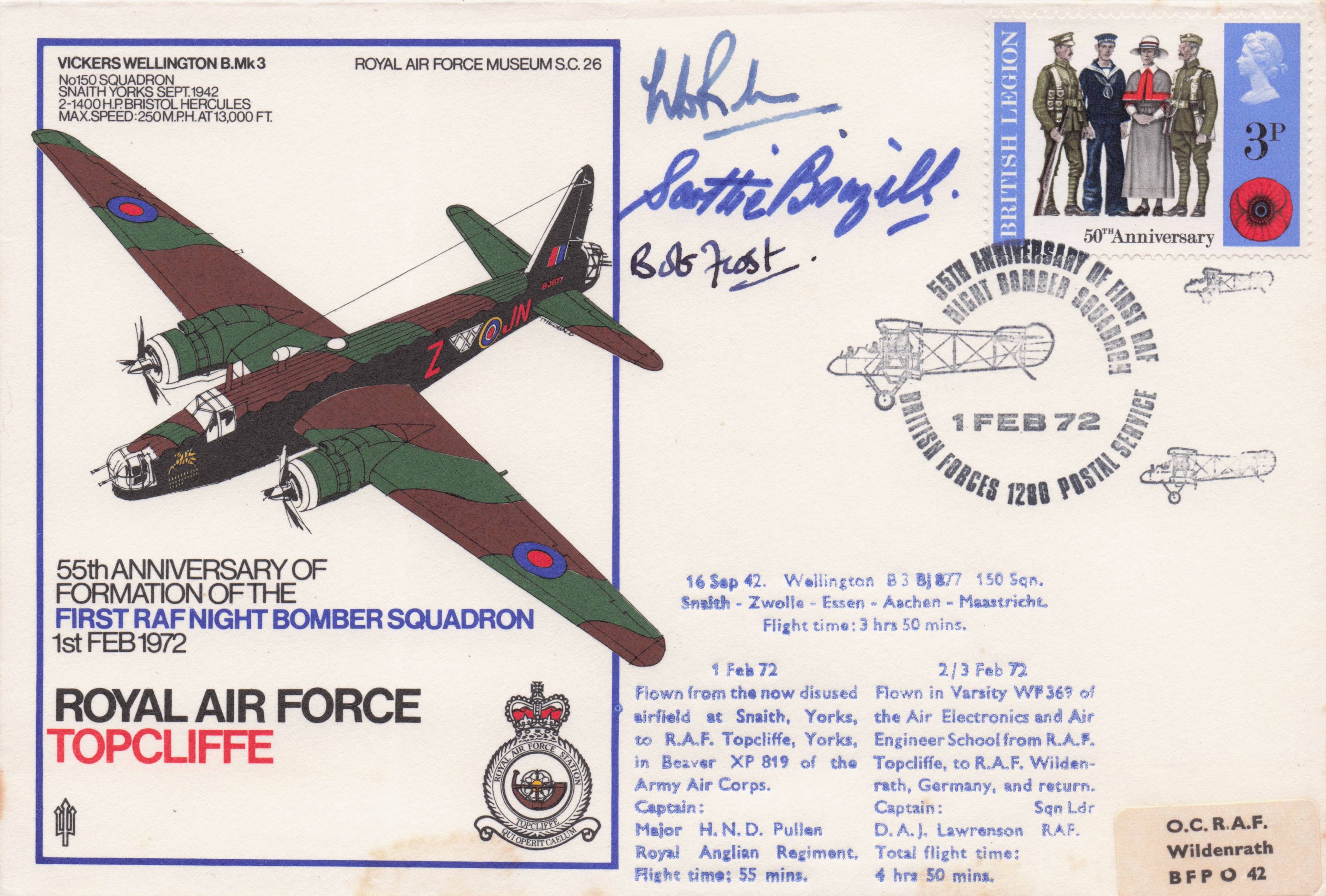 RAF Topcliffe First RAF Bomber Squadron Bob Frost 3x MULTI Hand Signed FDC