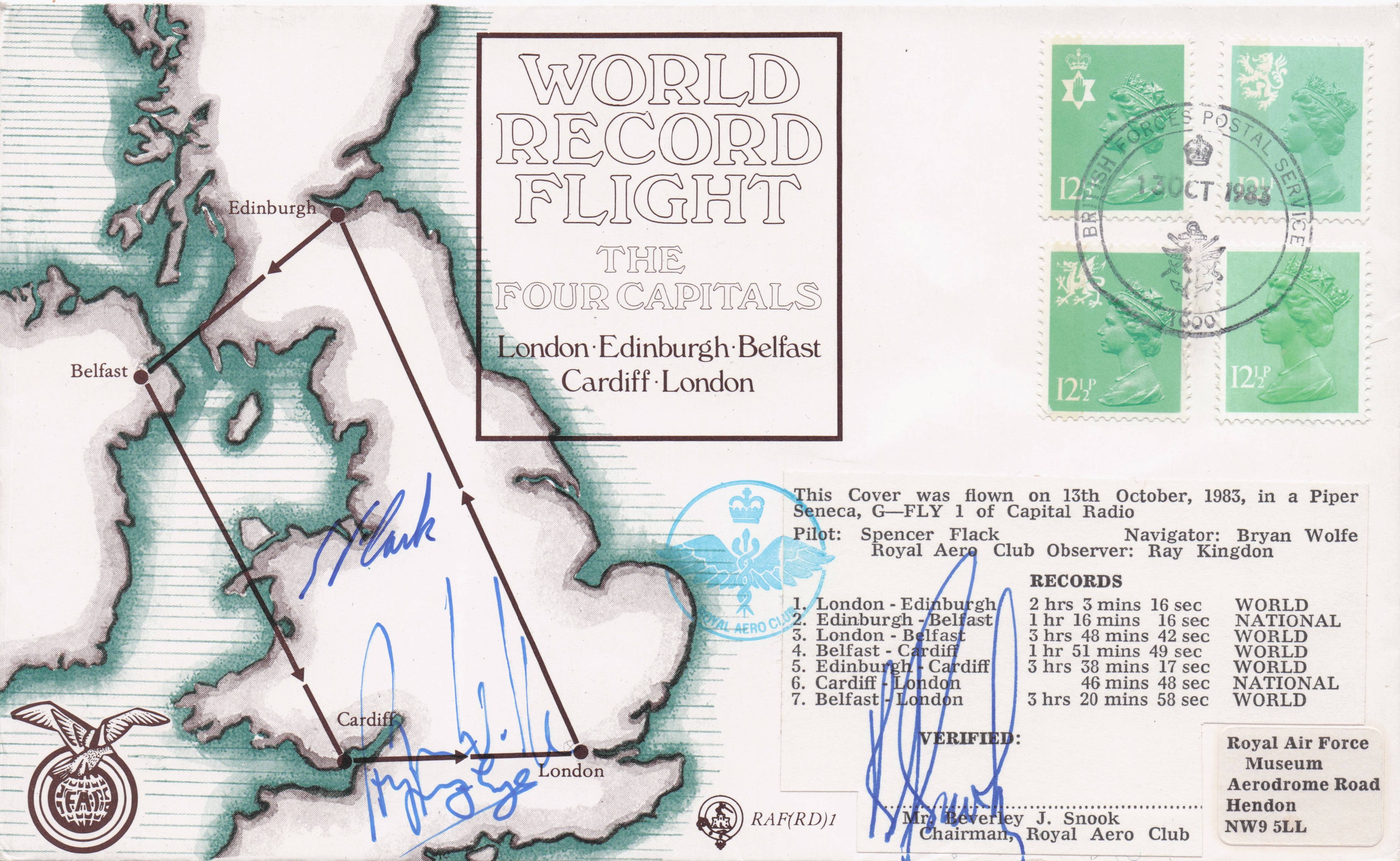 World Record Flight England Map London Belfast Cardiff MULTI 4x Hand Signed FDC